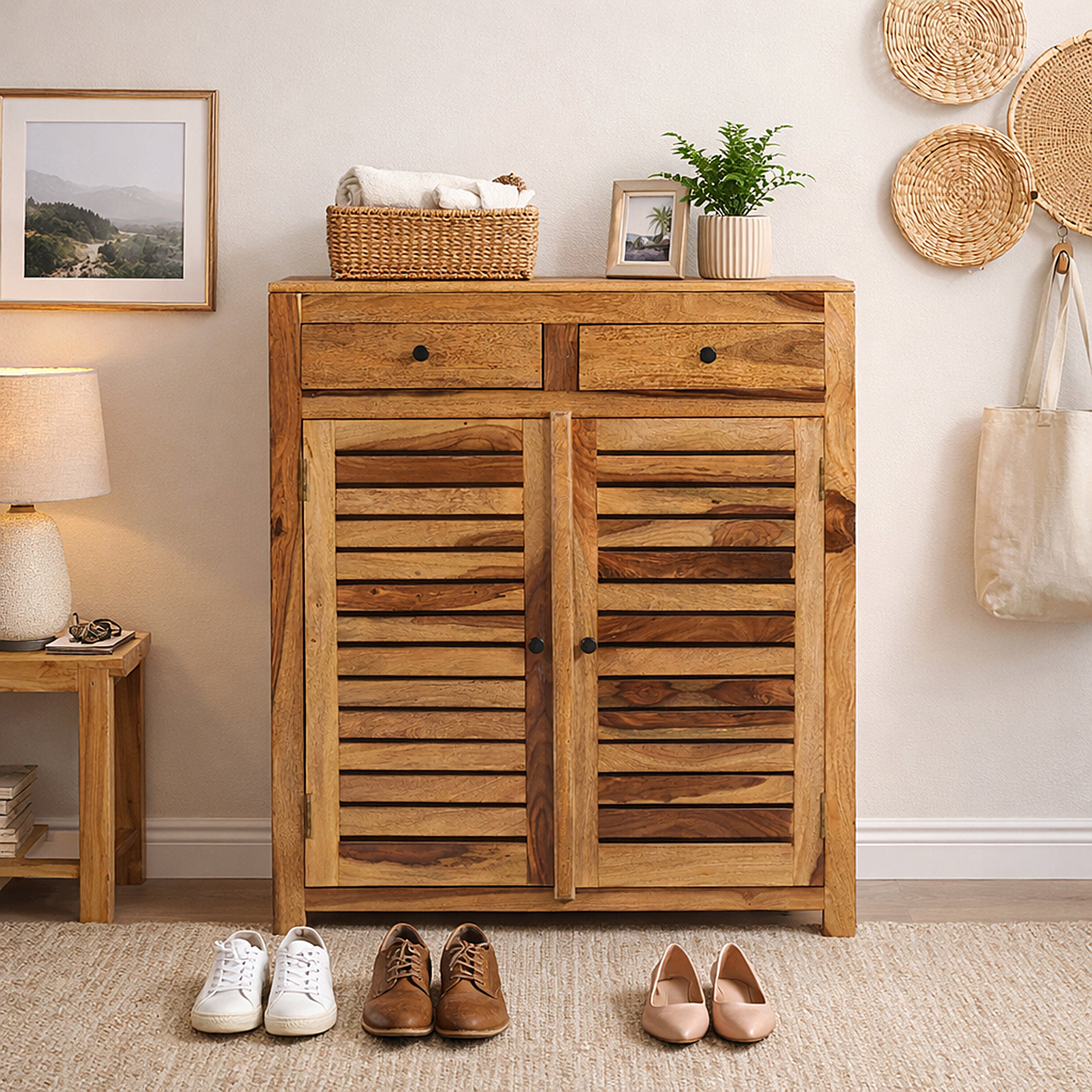 Solid Wood Hand-Carved Shoe Rack with Om Design & Storage Drawers