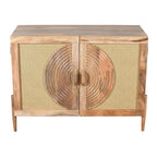 Solid Wood Cabinet With Woven Rattan & Carved Circular Design