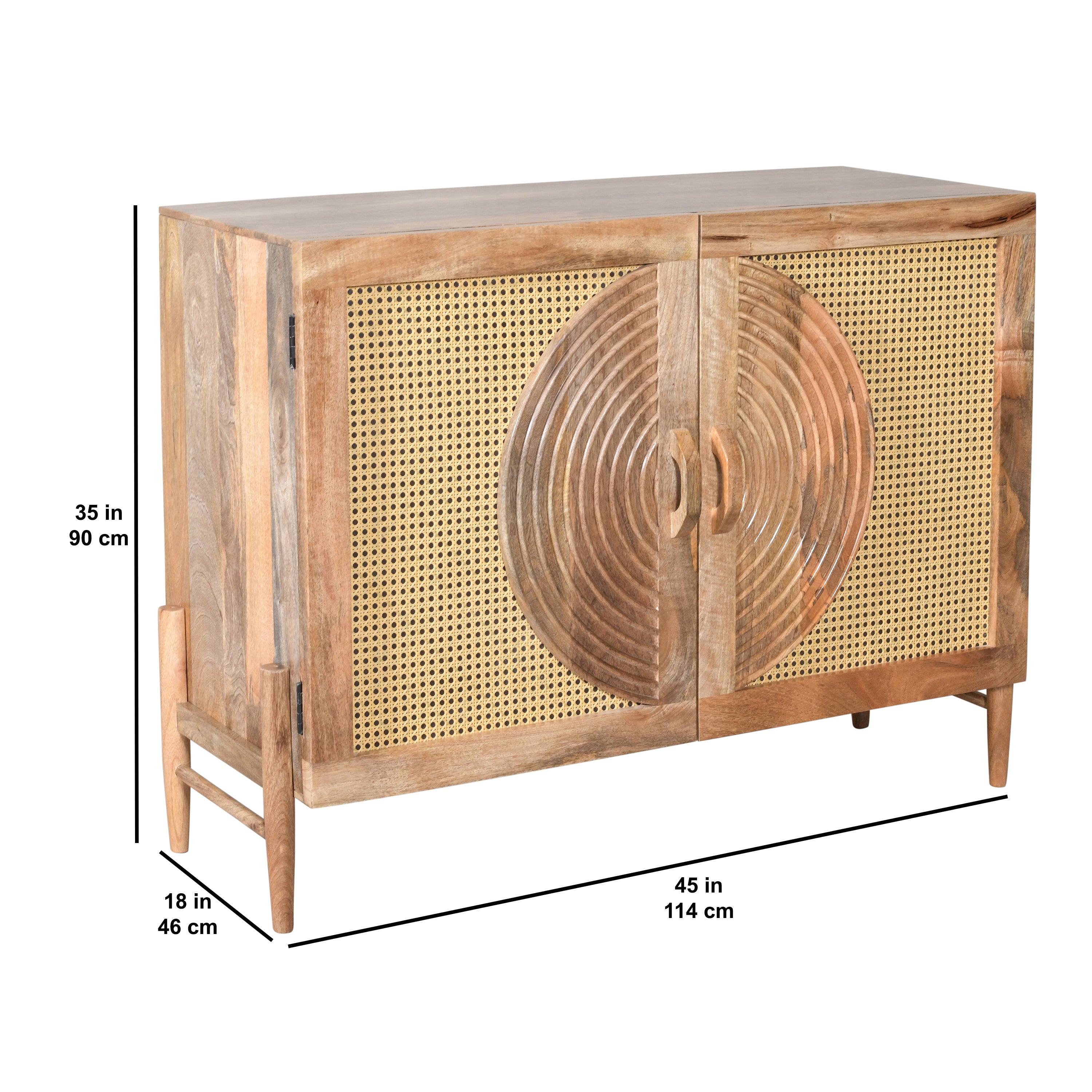 Solid Wood Cabinet With Woven Rattan & Carved Circular Design