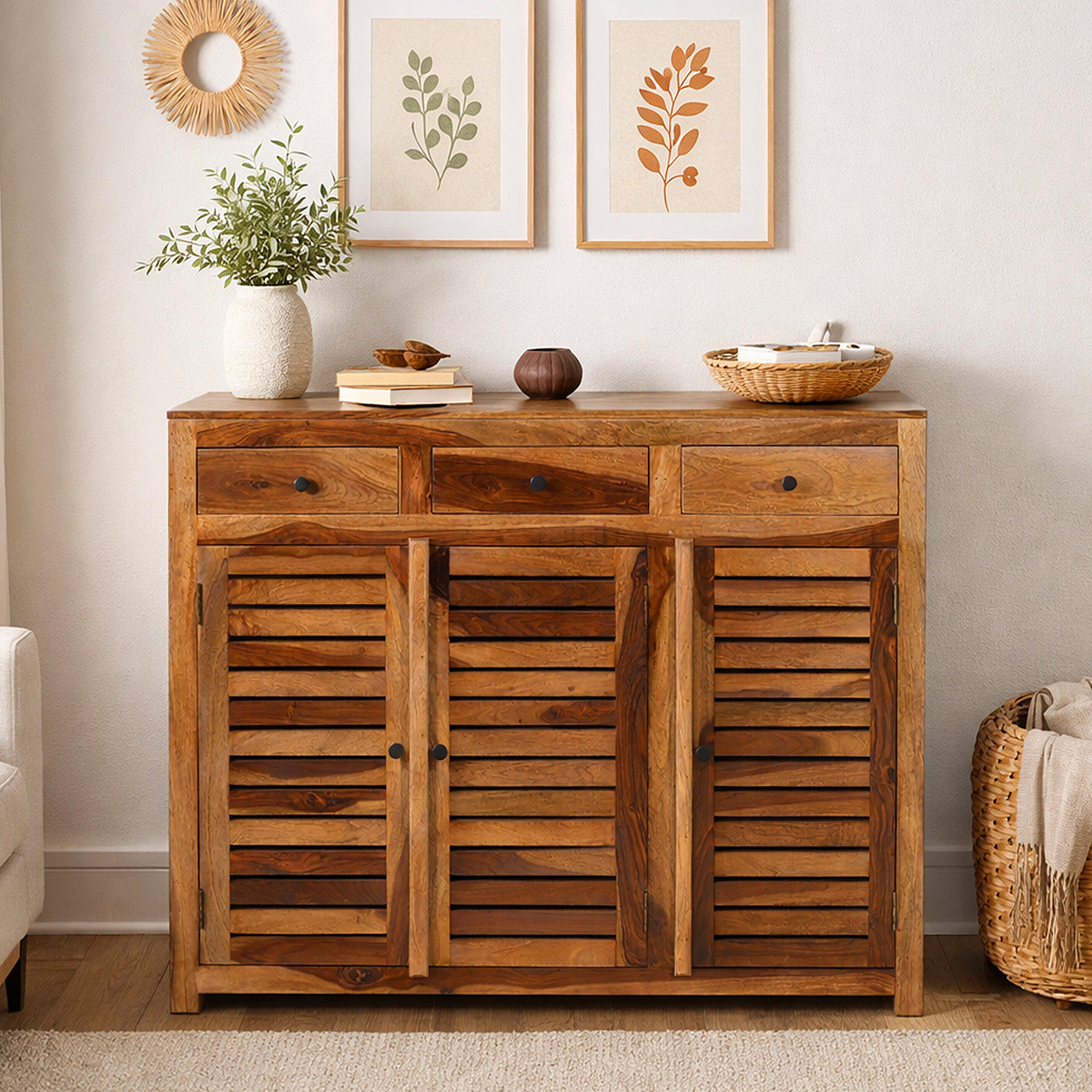 Rustica Solid Wood Storage Shoerack Cabinet (Honey Finish)