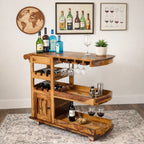 Handcrafted Solid Wood Bar Trolley with Wine Rack & Glass Holder