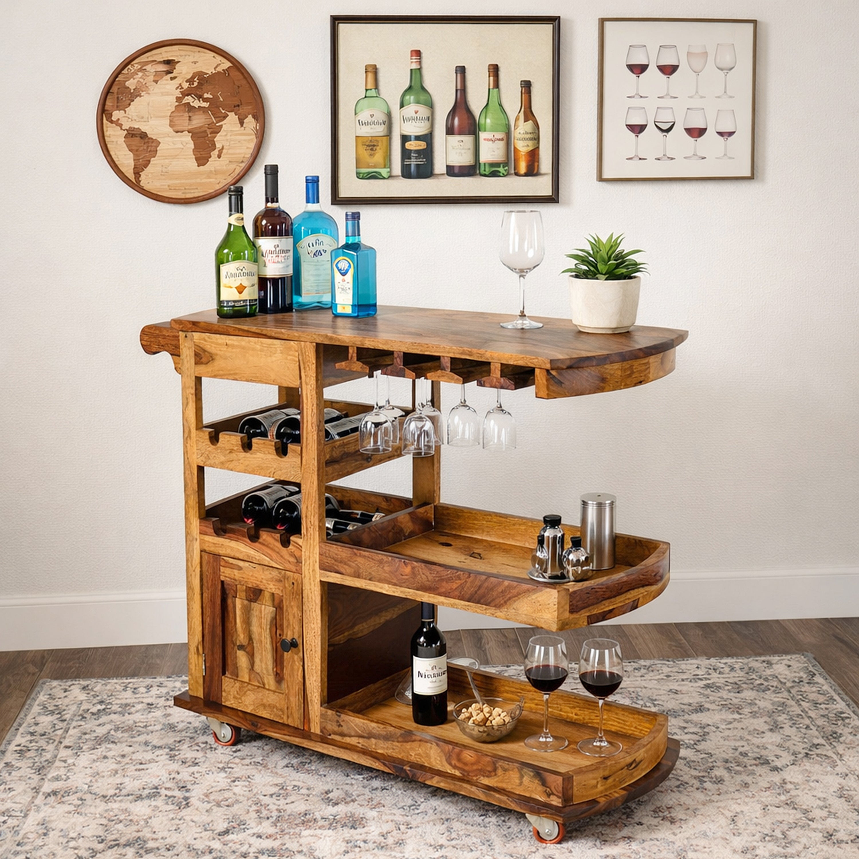 Handcrafted Solid Wood Bar Trolley with Wine Rack & Glass Holder