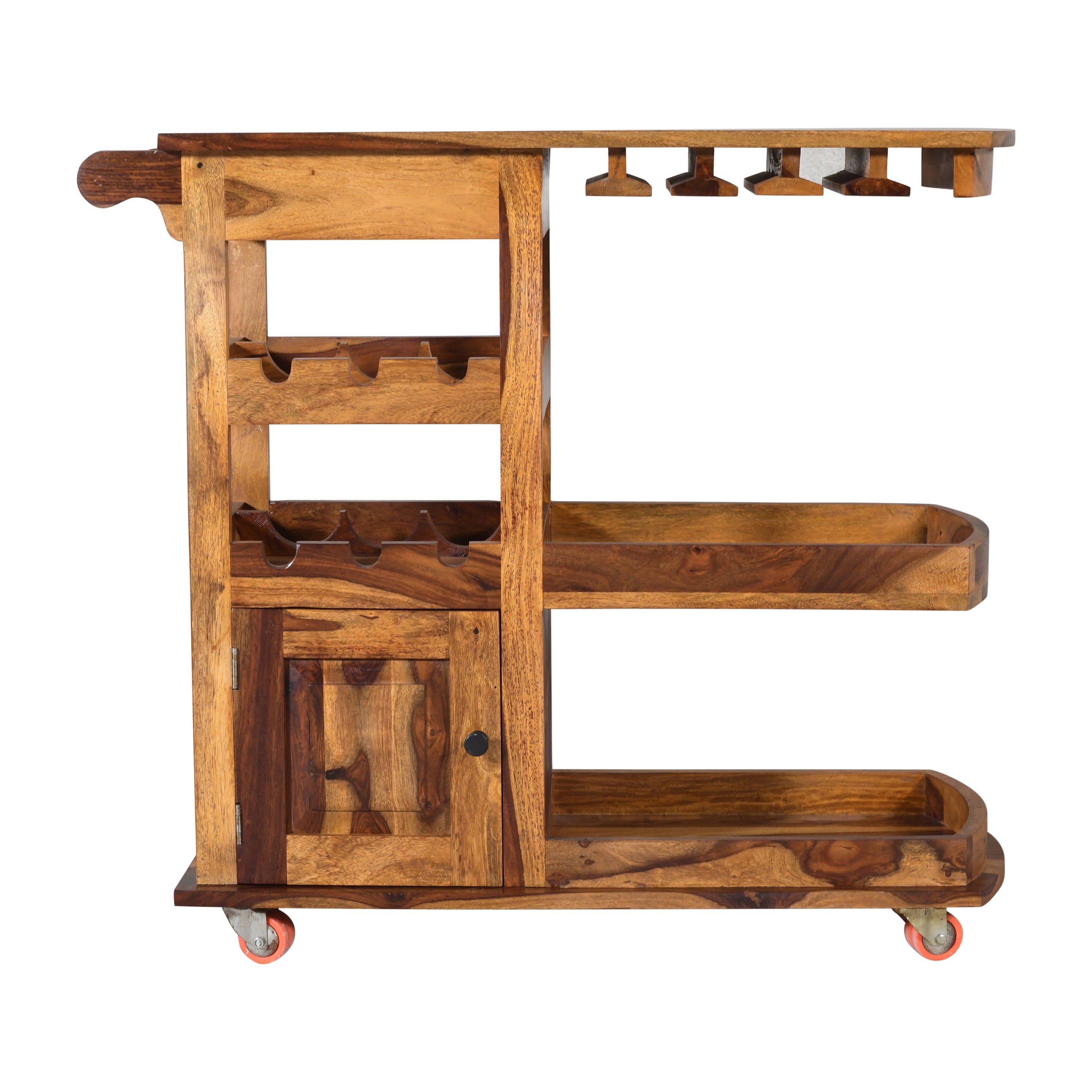 Handcrafted Solid Wood Bar Trolley with Wine Rack & Glass Holder