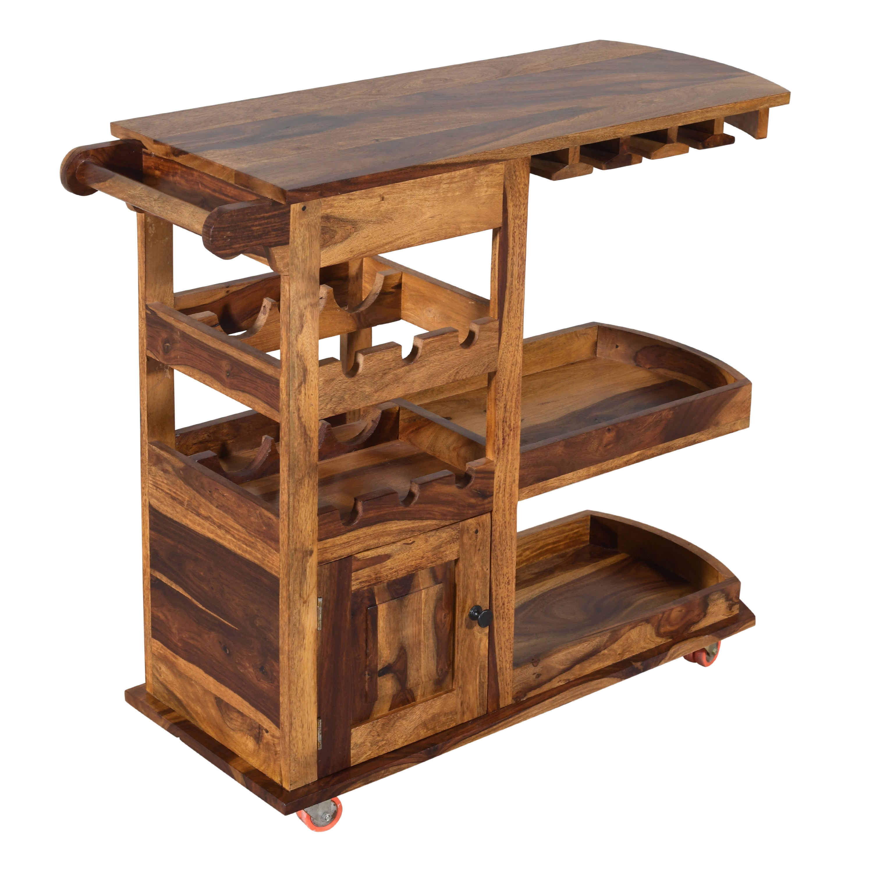 Handcrafted Solid Wood Bar Trolley with Wine Rack & Glass Holder