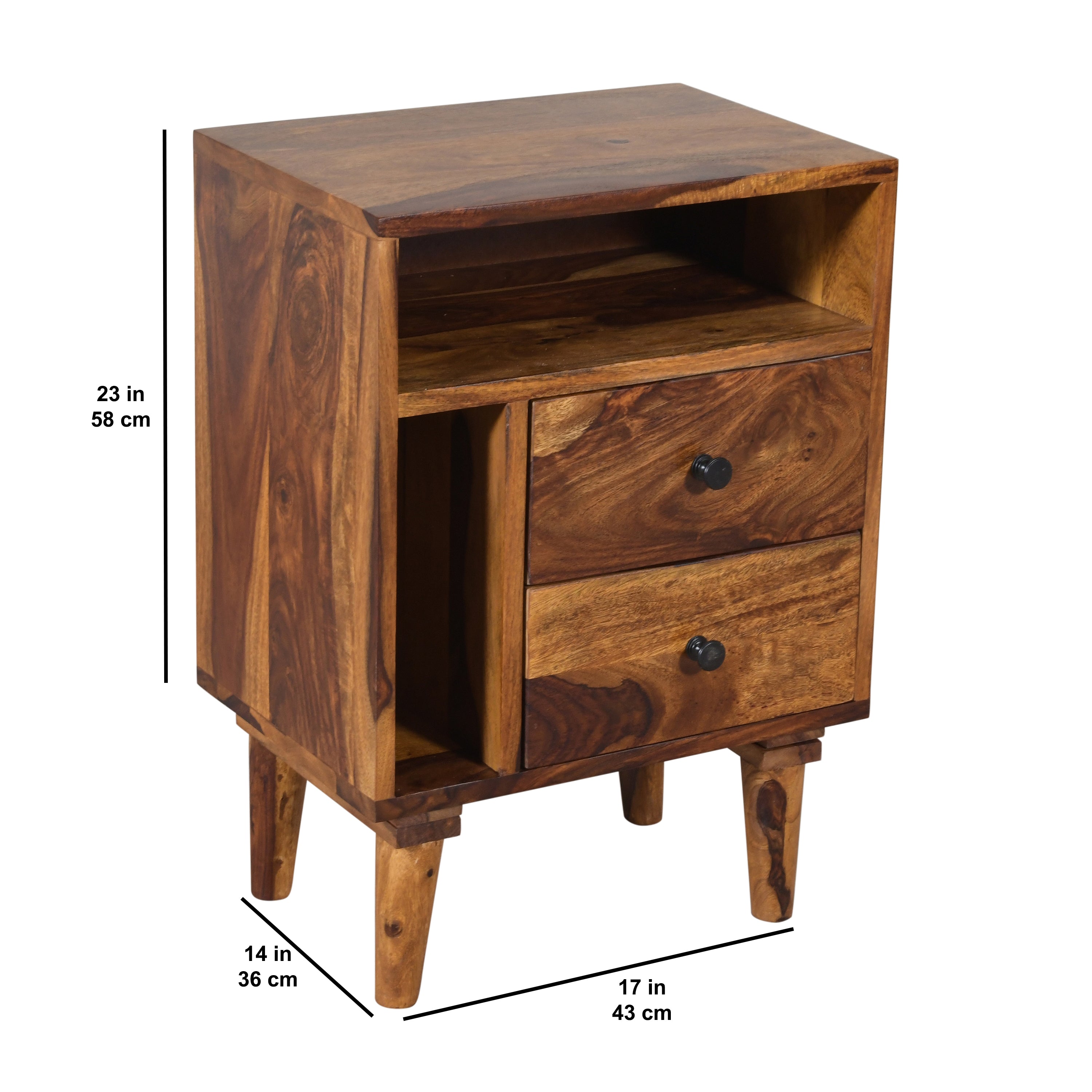 Solid Wood Bed Side Table With Smart Book Shelf Storage