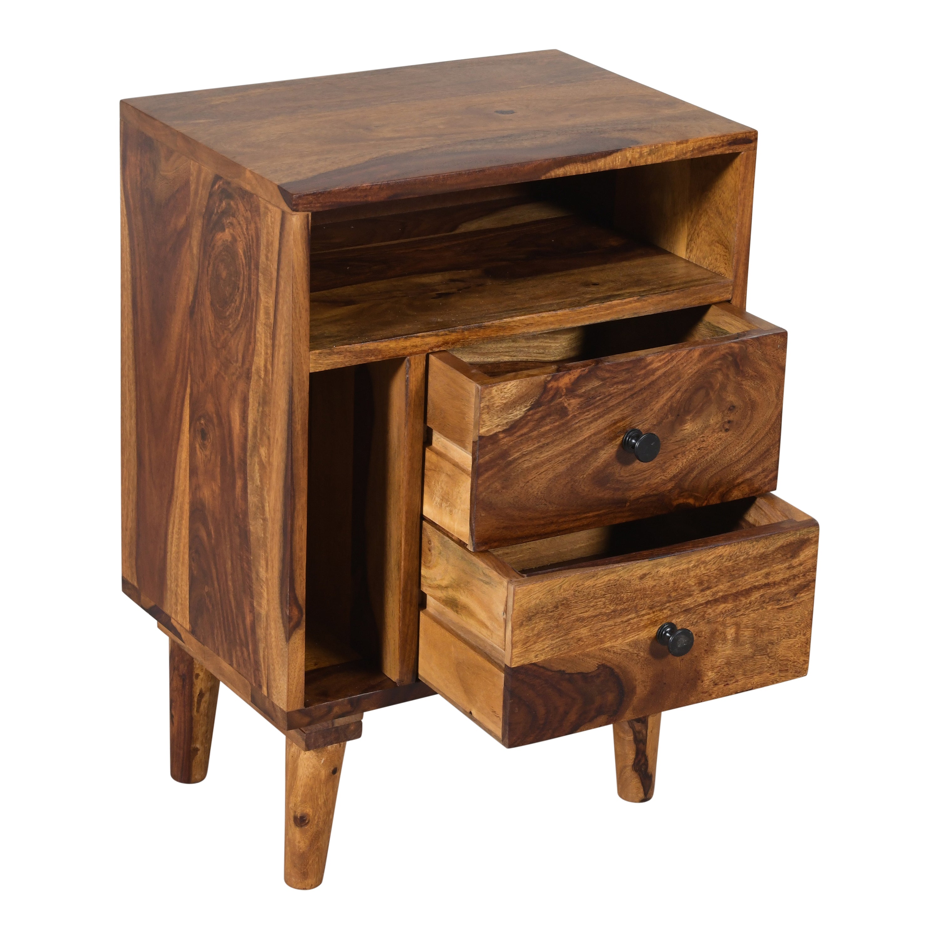 Solid Wood Bed Side Table With Smart Book Shelf Storage
