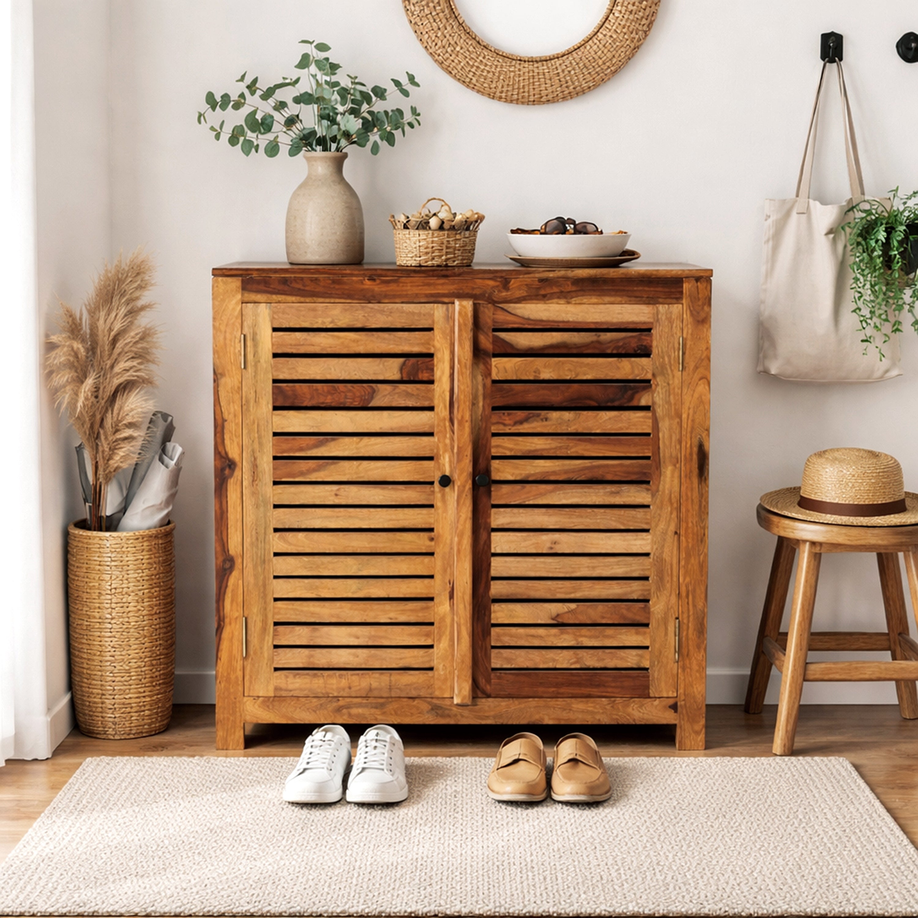 Compact Rustica Solid Wood Storage Shoerack Cabinet (Honey Finish)