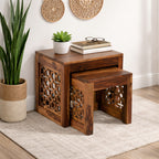 Solid Wood Stool Set Gulabo Set of 2 Stools With Flower Cutting Design