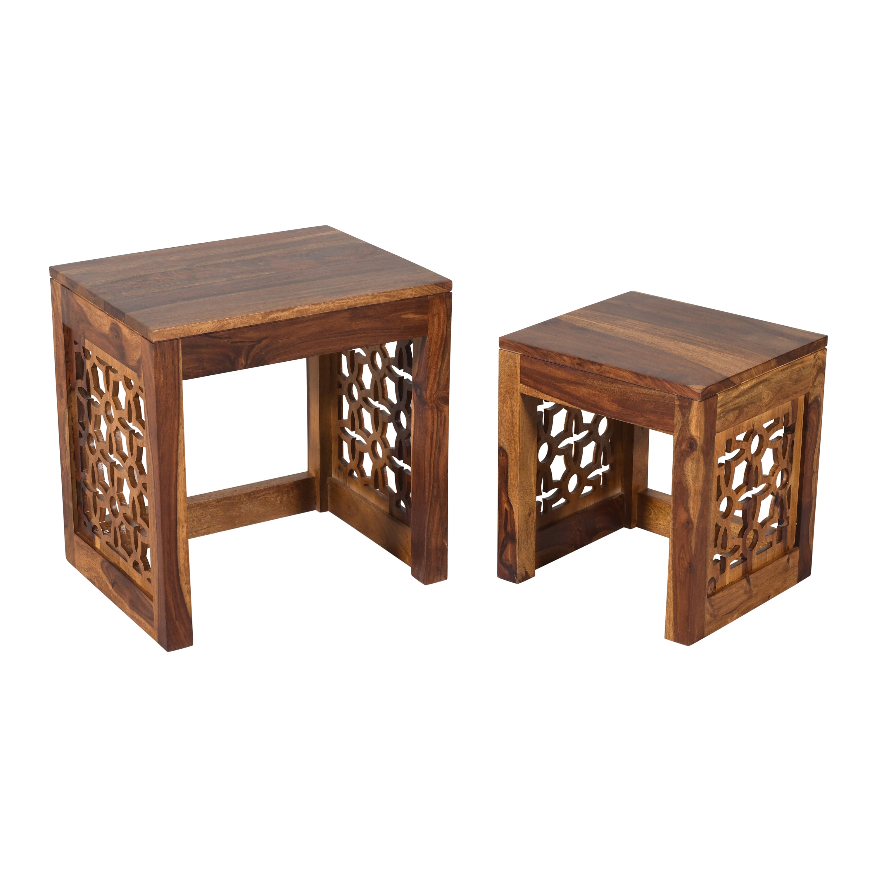Solid Wood Stool Set Gulabo Set of 2 Stools With Flower Cutting Design