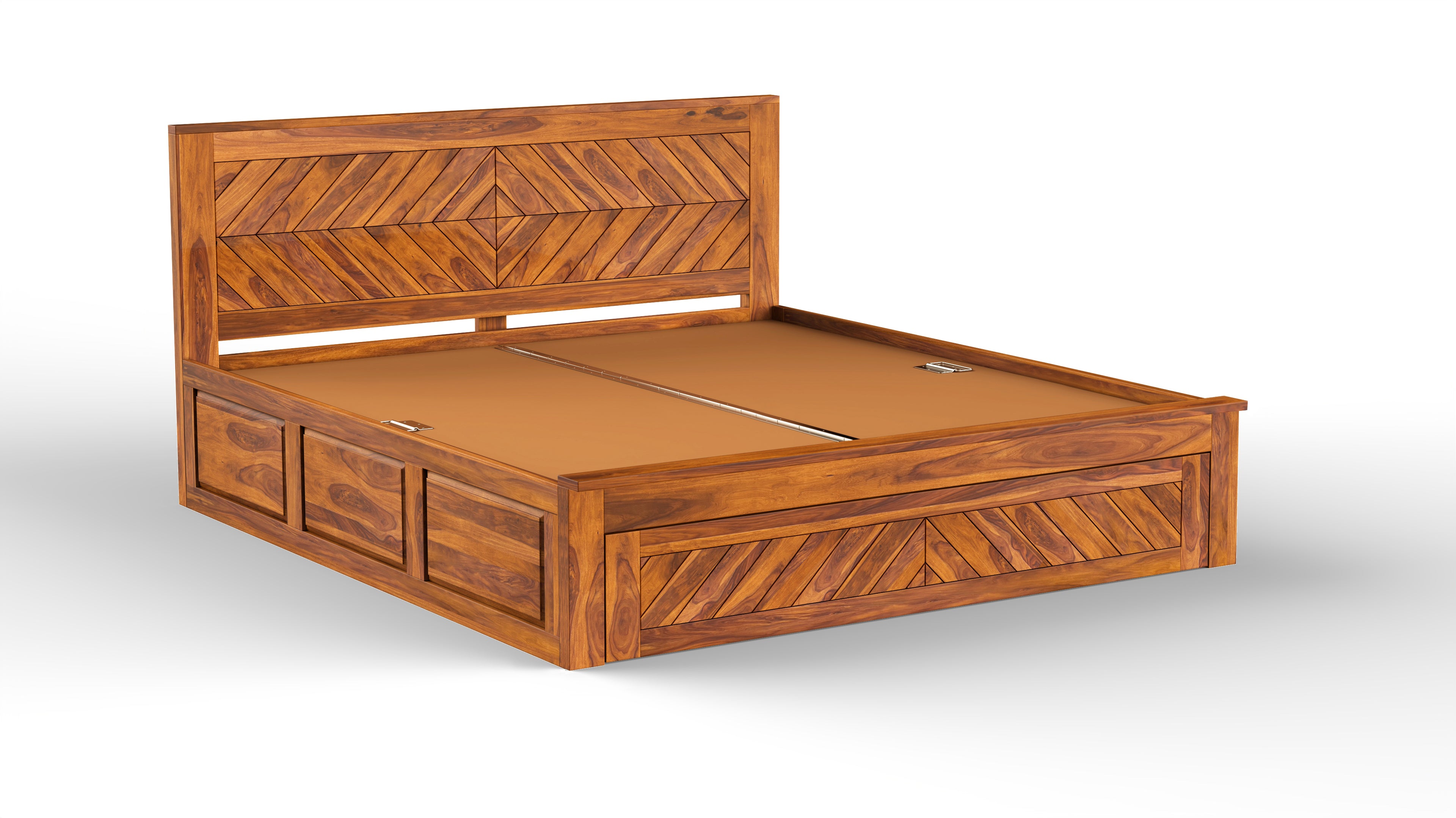 Solid Sheesham Wood Bed with Square Cut Pattern & Drawer Storage
