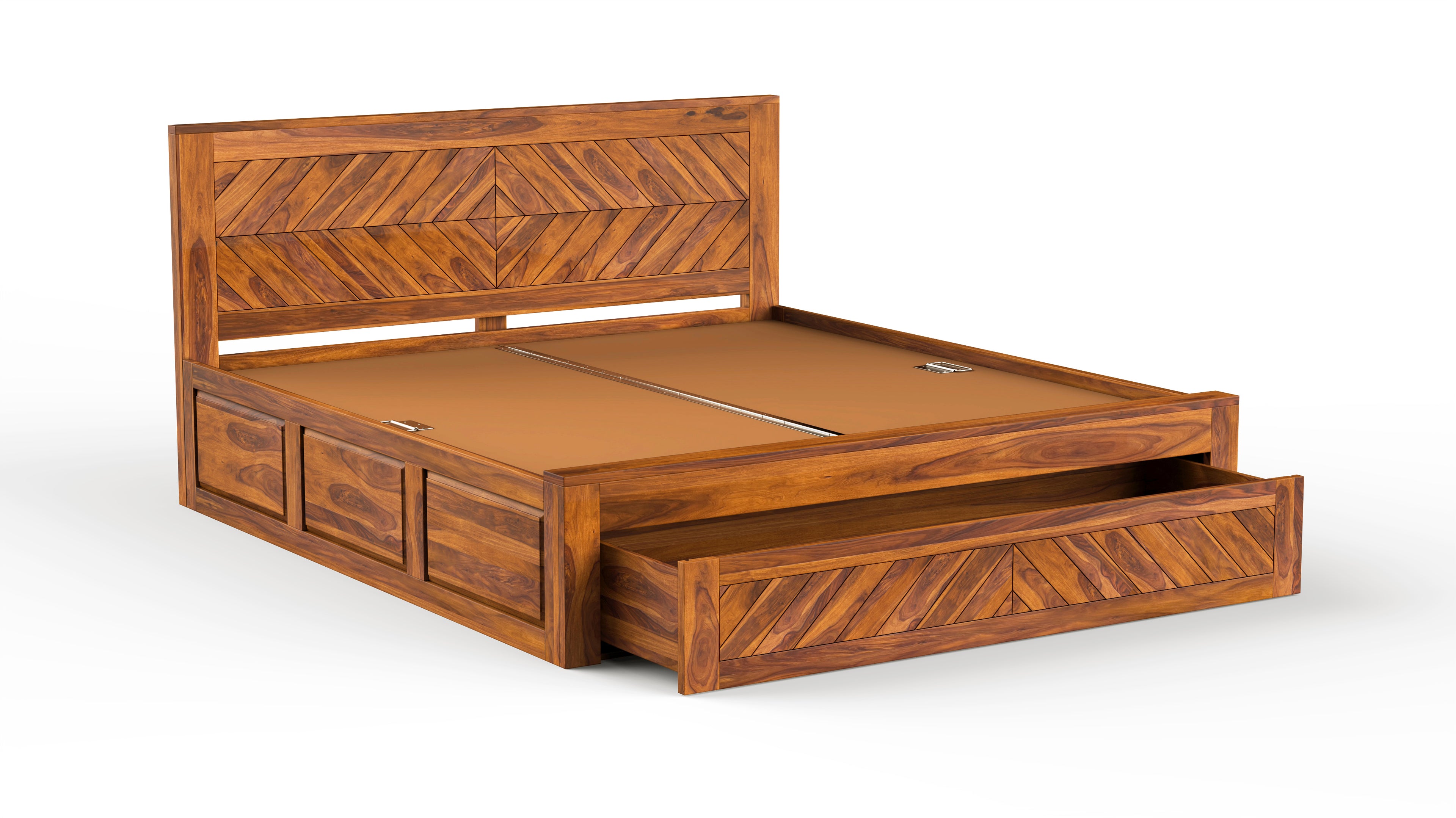 Solid Sheesham Wood Bed with Square Cut Pattern & Drawer Storage