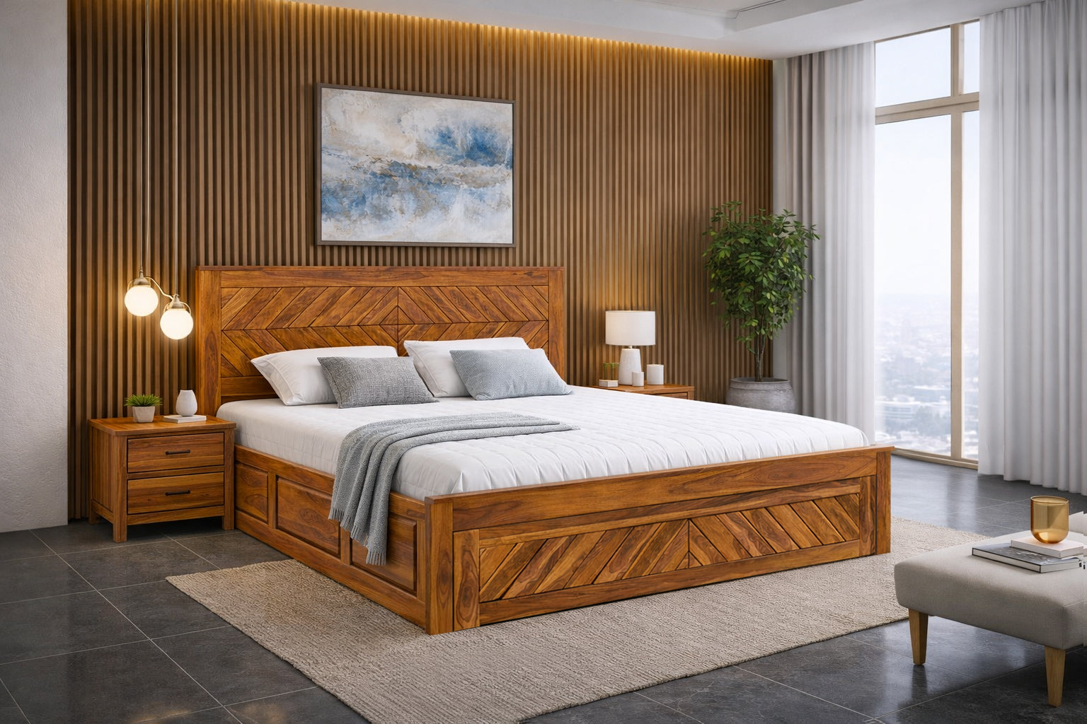 Solid Sheesham Wood Bed with Square Cut Pattern & Drawer Storage