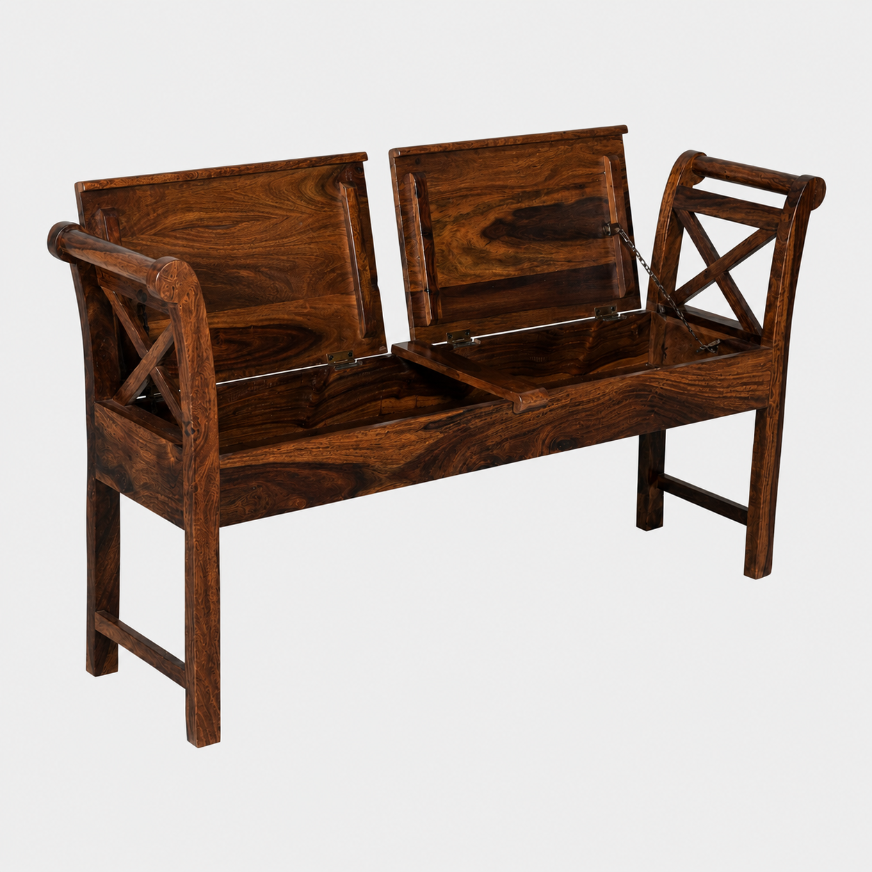 Couch Solid Sheesham Wood Storage Bench with Lift-Top Seats