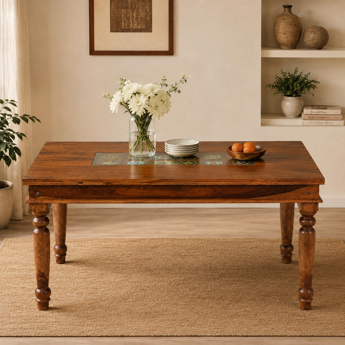 Siramika Dining sheesham wood dining table with siramika tiles (for 6 person)