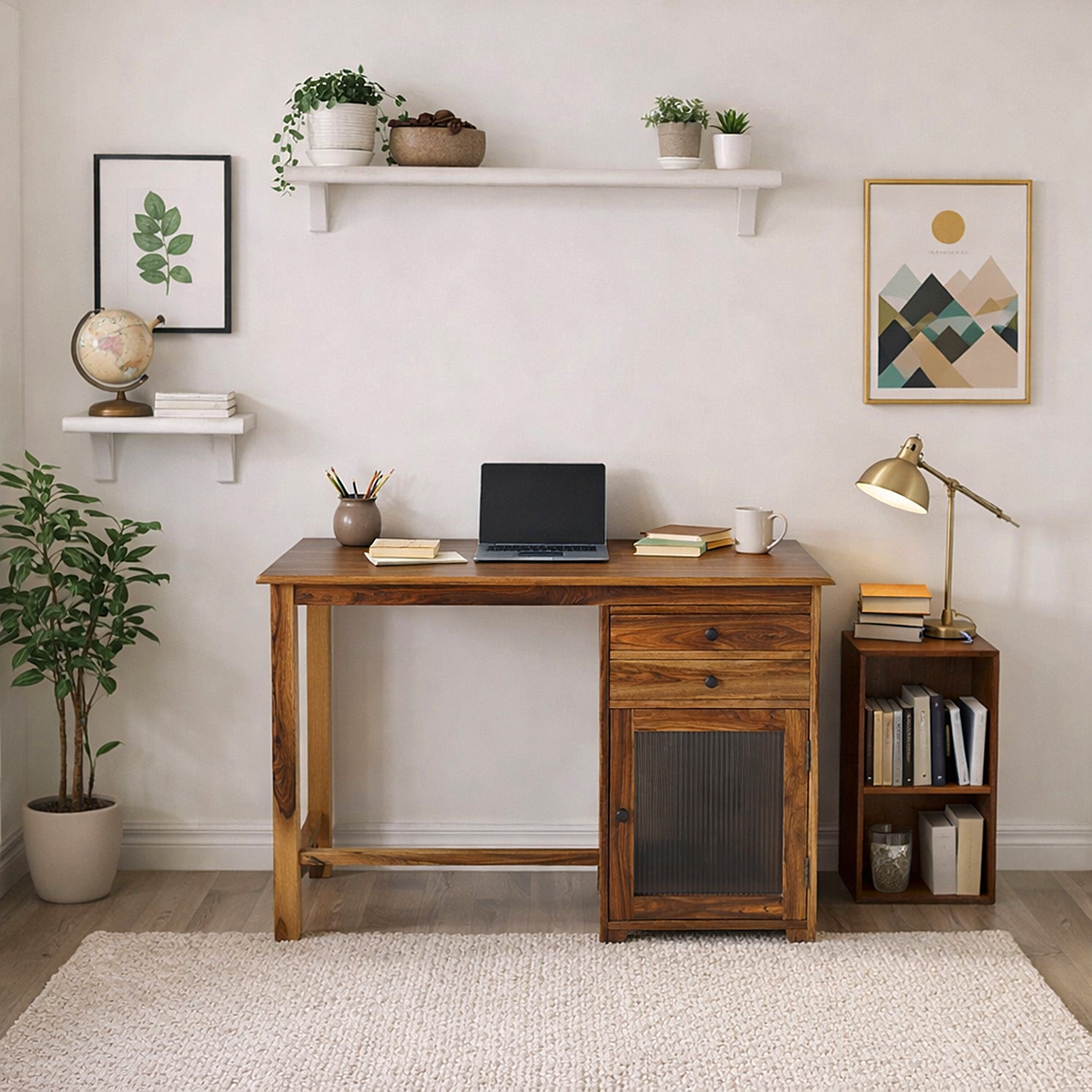 Solid Wood Study Table with Storage Cabinet & Drawers