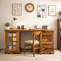 Solid Sheesham Wood Study Desk with Hand-Painted Tile Cabinet & 3 Drawers