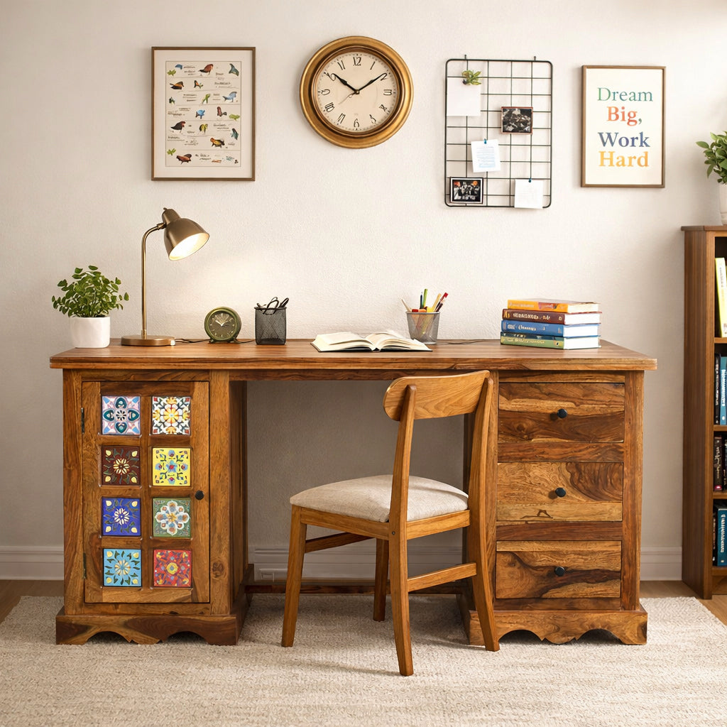 Solid Sheesham Wood Study Desk with Hand-Painted Tile Cabinet & 3 Drawers