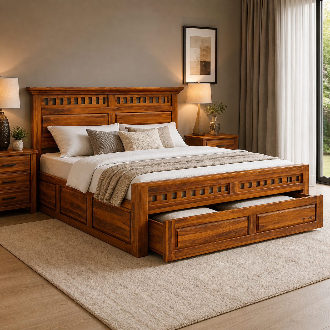 Kuber king size Solid Sheesham Wood Bed with Drawer Storage (HONEY FINISH)