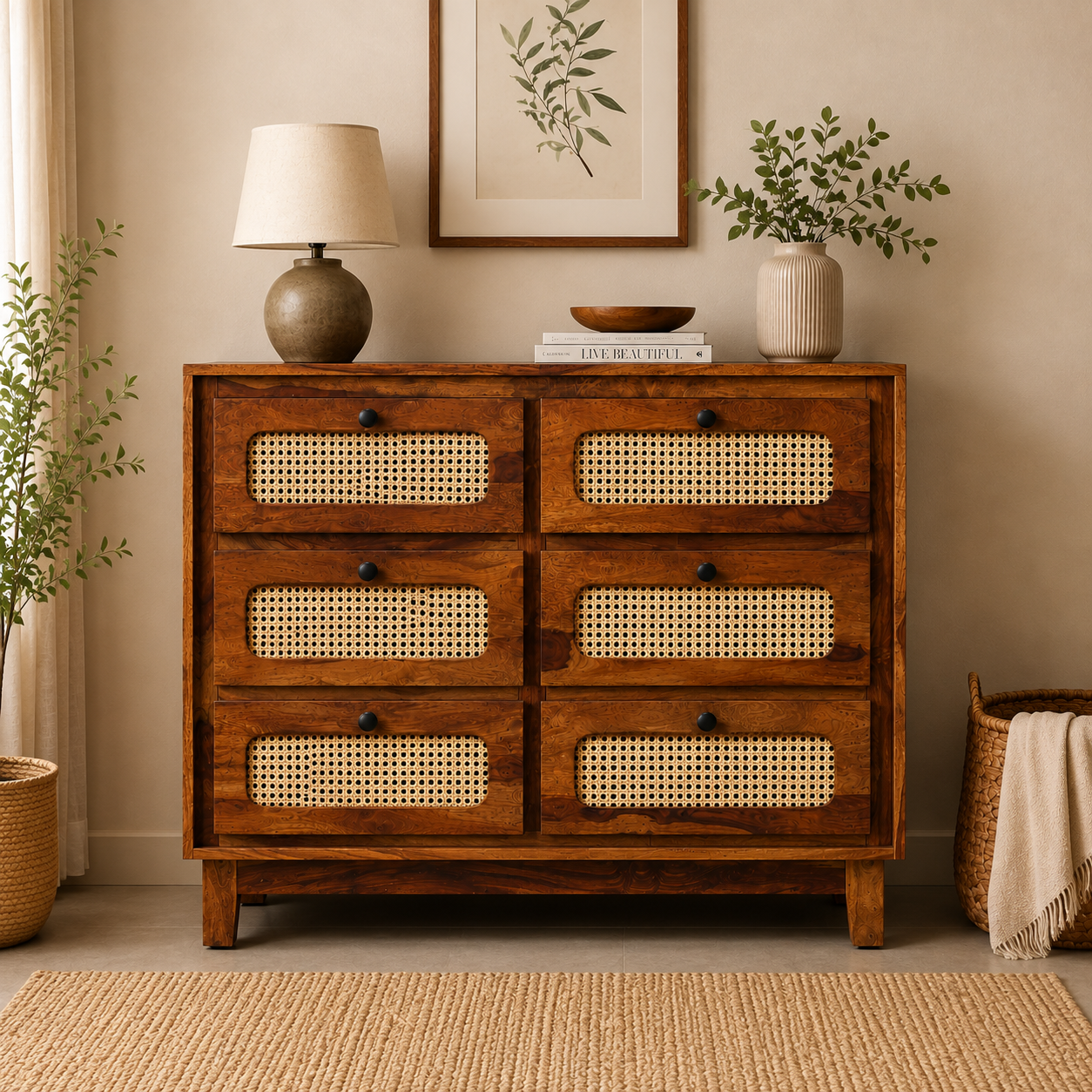 Rattan Chester sheesham wood storage chester with 6 drawers