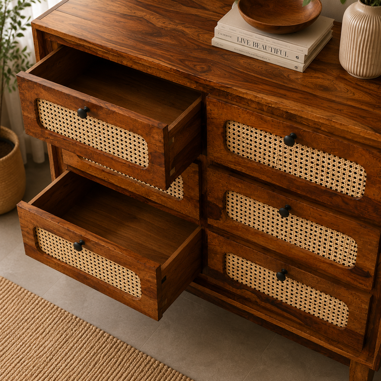 Rattan Chester sheesham wood storage chester with 6 drawers