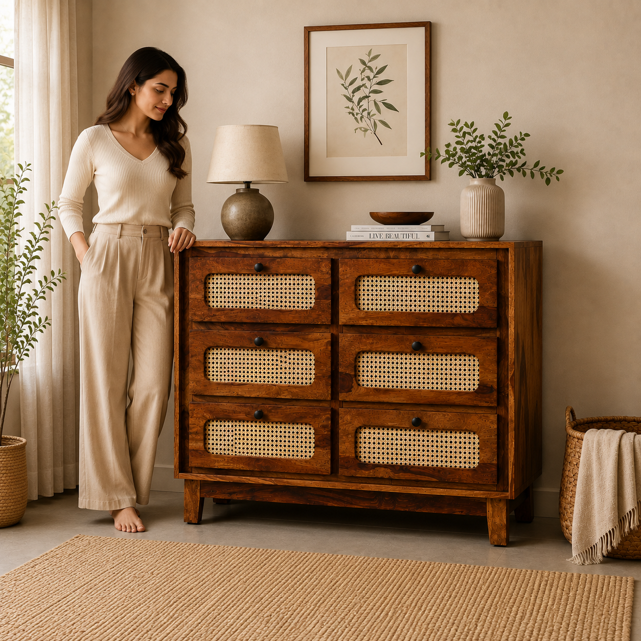 Rattan Chester sheesham wood storage chester with 6 drawers