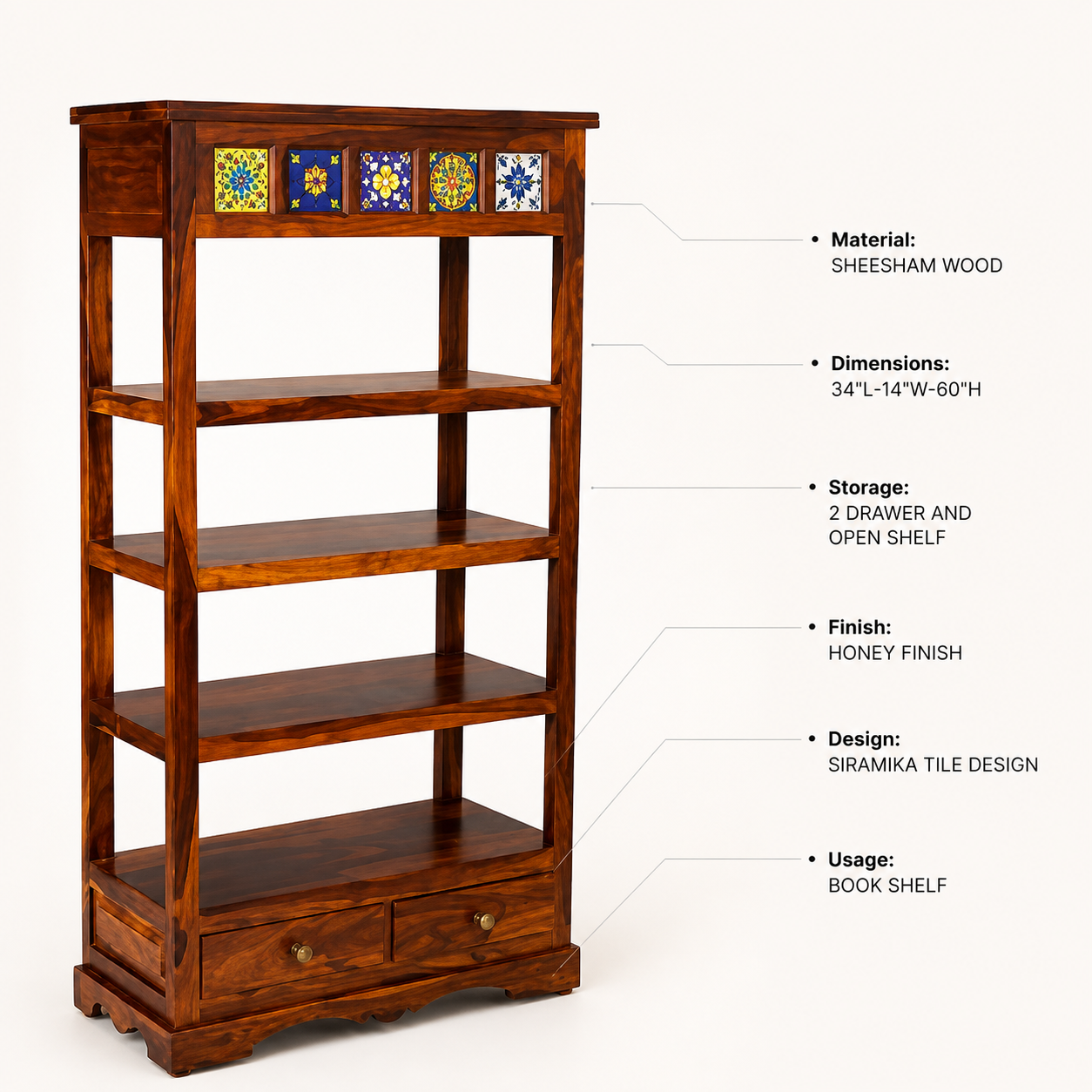 Boho Siramika Book Shelf sheesham wood book shelf with ceramica tile