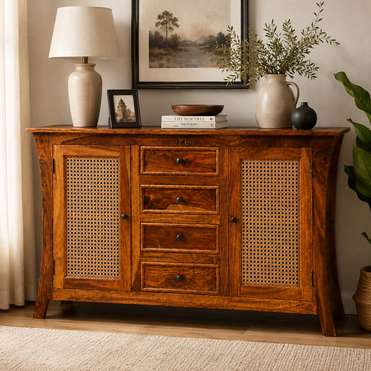Udaipur Sideboard Solid wood sideboard with Rattan Fitted doors (honey finish)