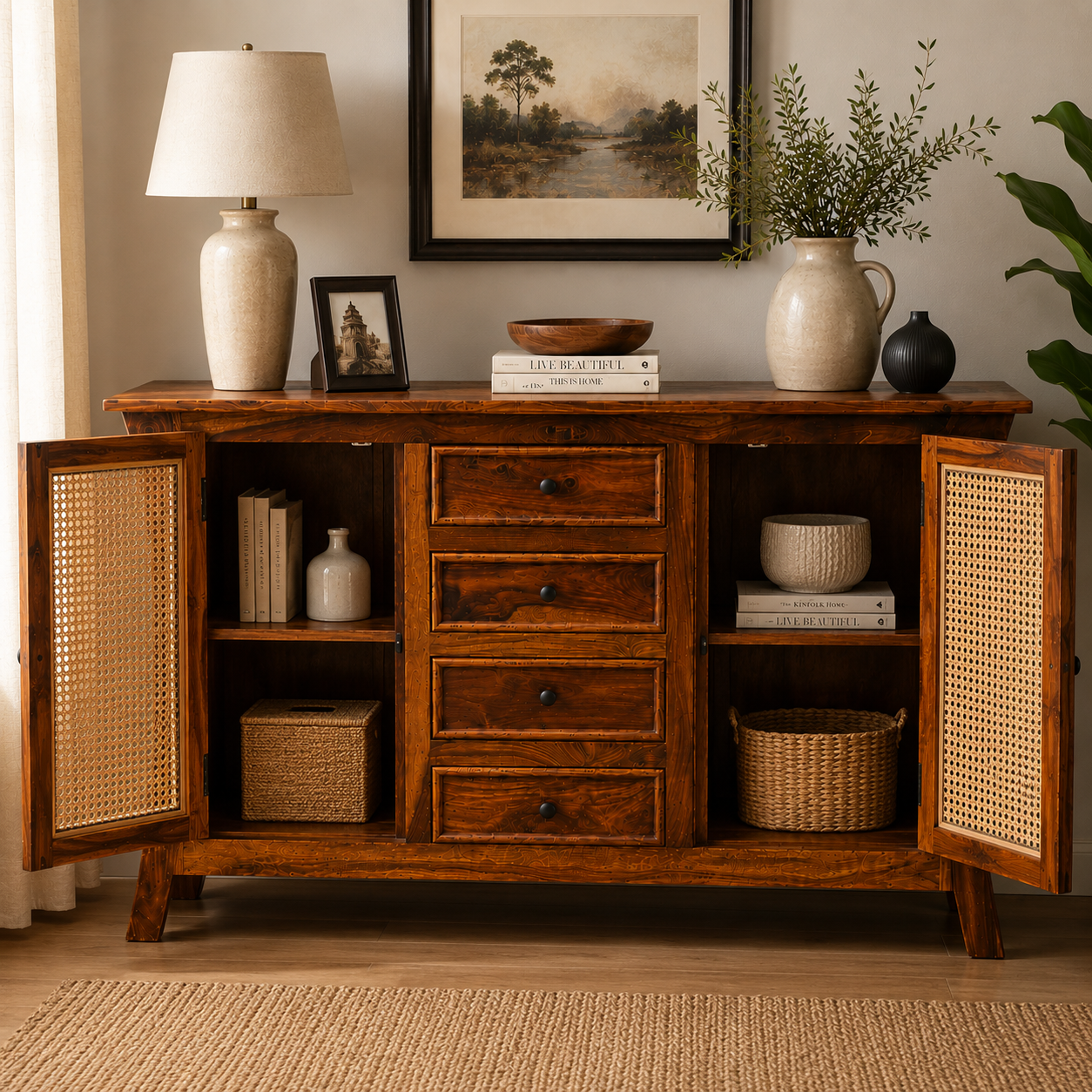 Udaipur Sideboard Solid wood sideboard with Rattan Fitted doors (honey finish)