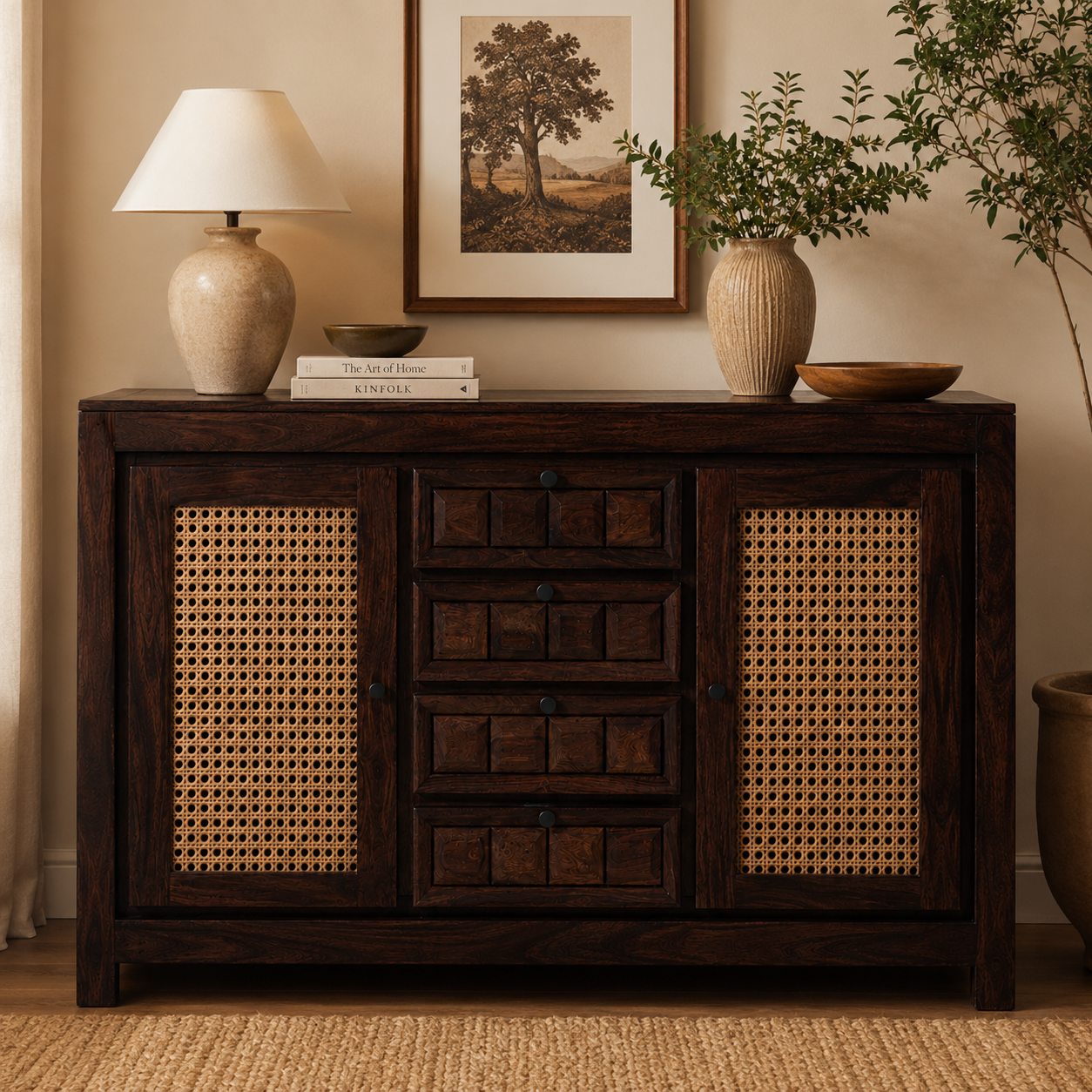 TILE RATTAN SIDEBAORD SOLID WOOD SIDEBAORD WITH RATTAN (PROVINCIAL TEAK)