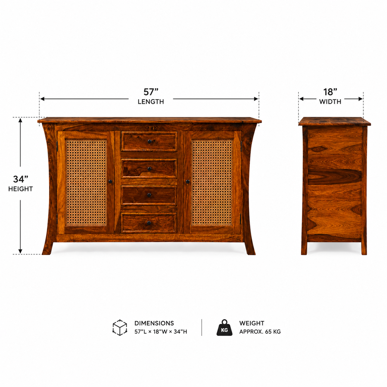 Udaipur Sideboard Solid wood sideboard with Rattan Fitted doors (honey finish)