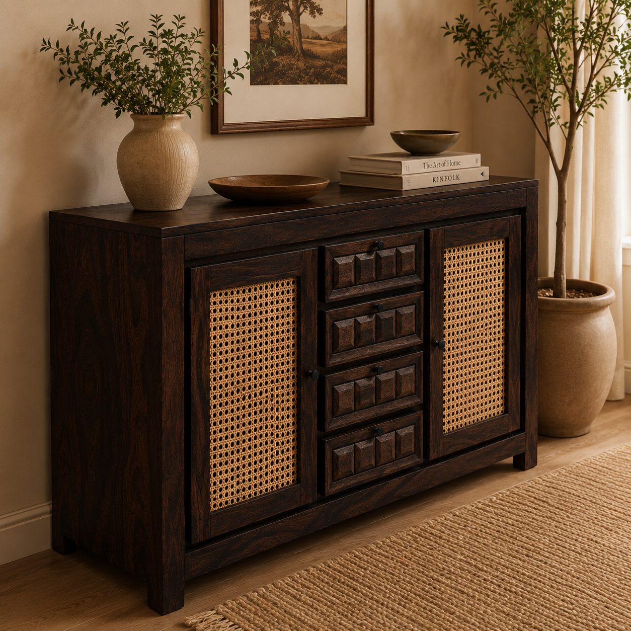 TILE RATTAN SIDEBAORD SOLID WOOD SIDEBAORD WITH RATTAN (PROVINCIAL TEAK)