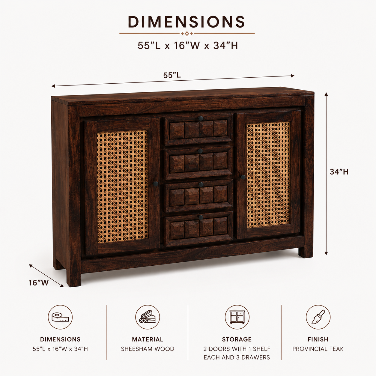 TILE RATTAN SIDEBAORD SOLID WOOD SIDEBAORD WITH RATTAN (PROVINCIAL TEAK)