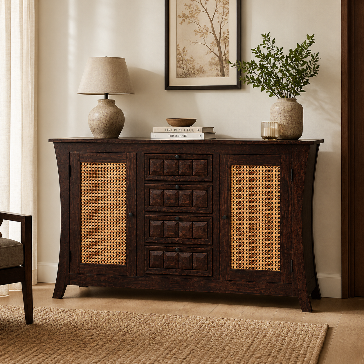 Udaipur Sideboard Solid wood sideboard with Rattan Fitted doors (Provincial teak finish)