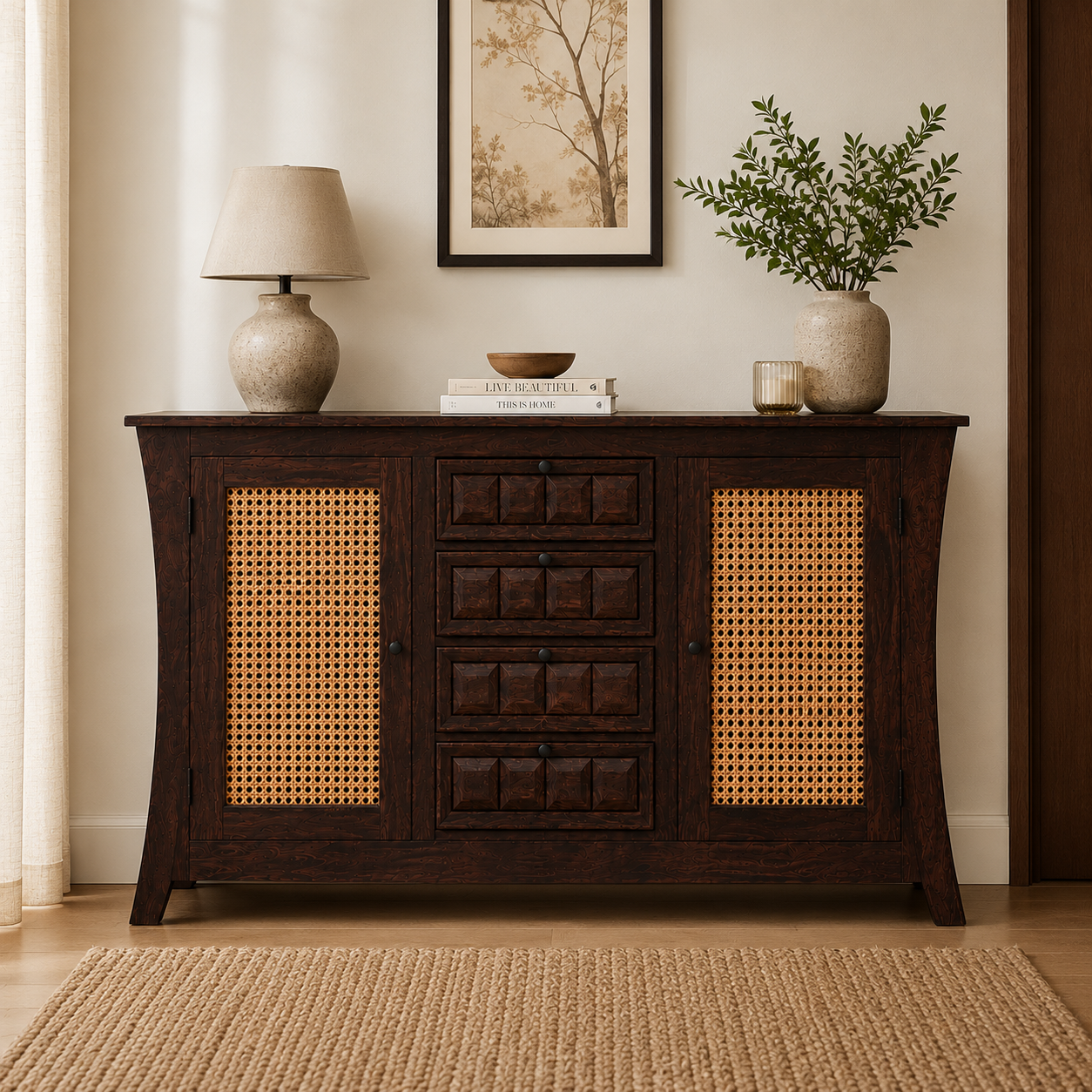 Udaipur Sideboard Solid wood sideboard with Rattan Fitted doors (Provincial teak finish)