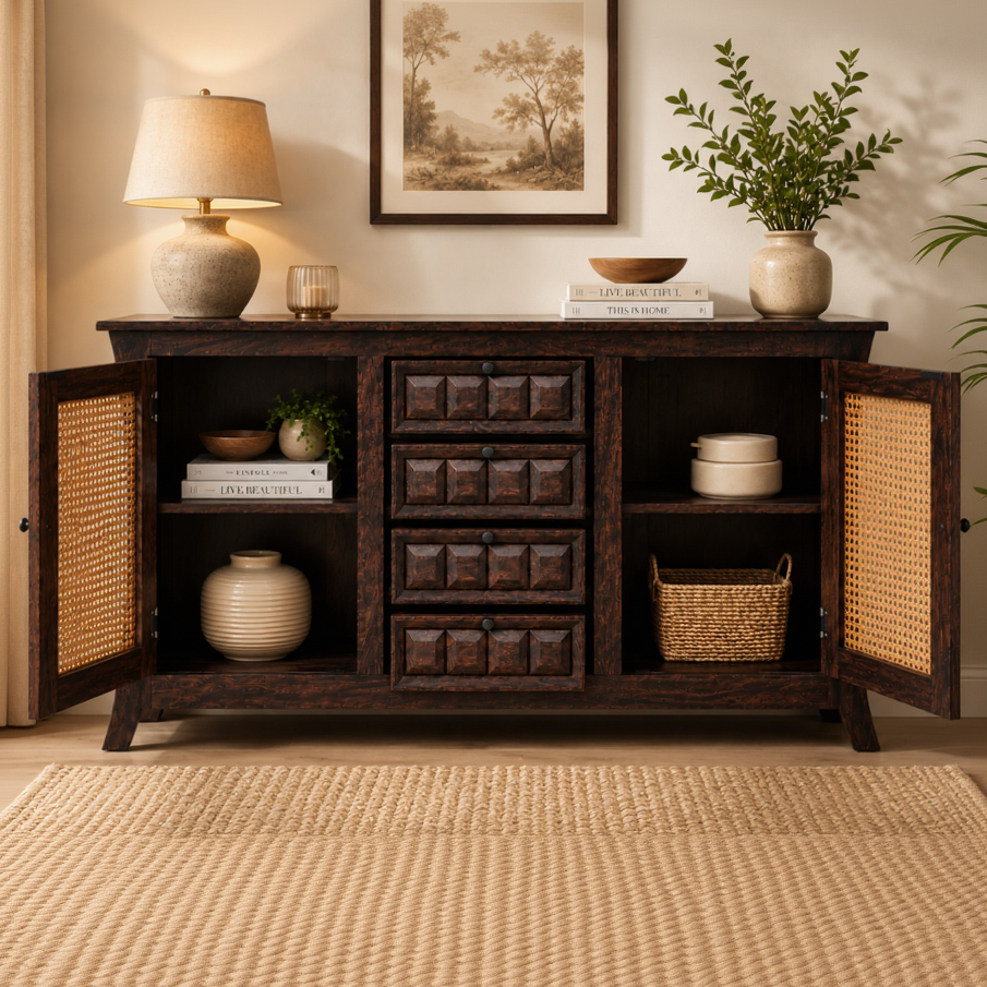 Udaipur Sideboard Solid wood sideboard with Rattan Fitted doors (Provincial teak finish)