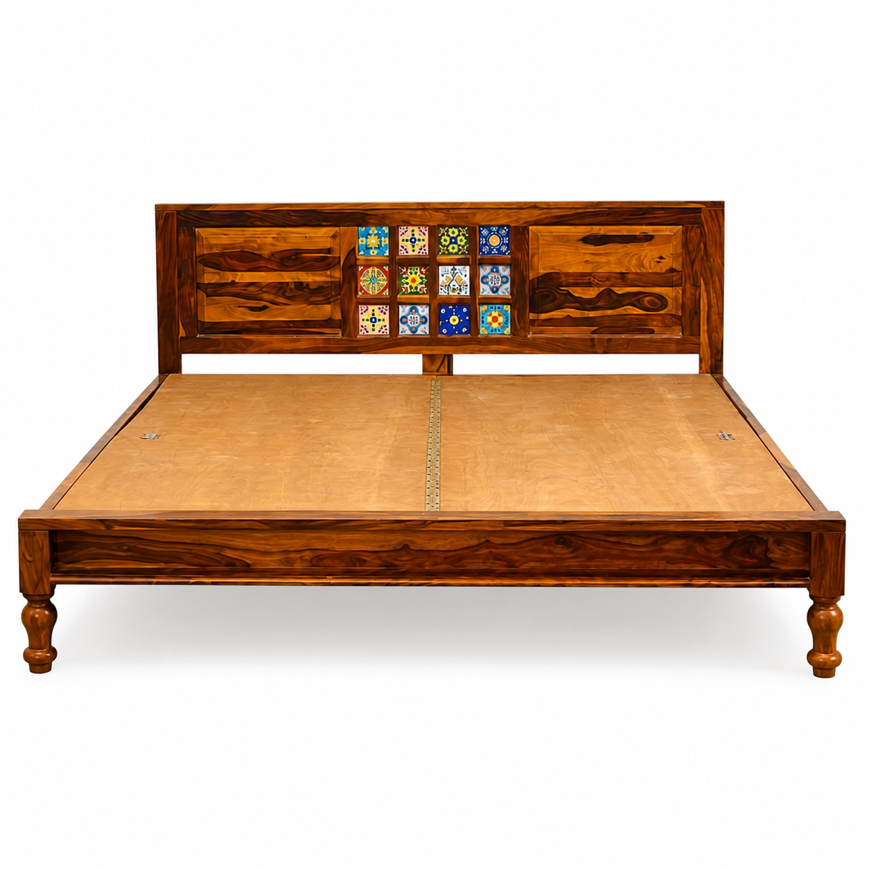 siramika bed sheesham wood bed without storage with ceramica tile (honey finish)