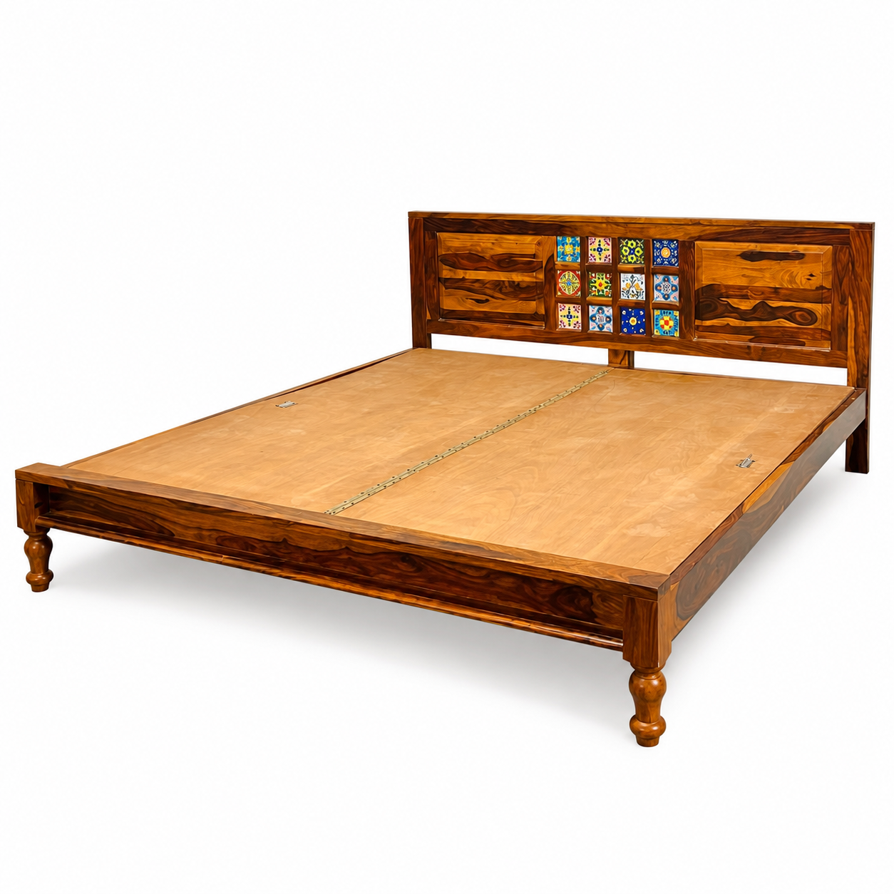 siramika bed sheesham wood bed without storage with ceramica tile (honey finish)