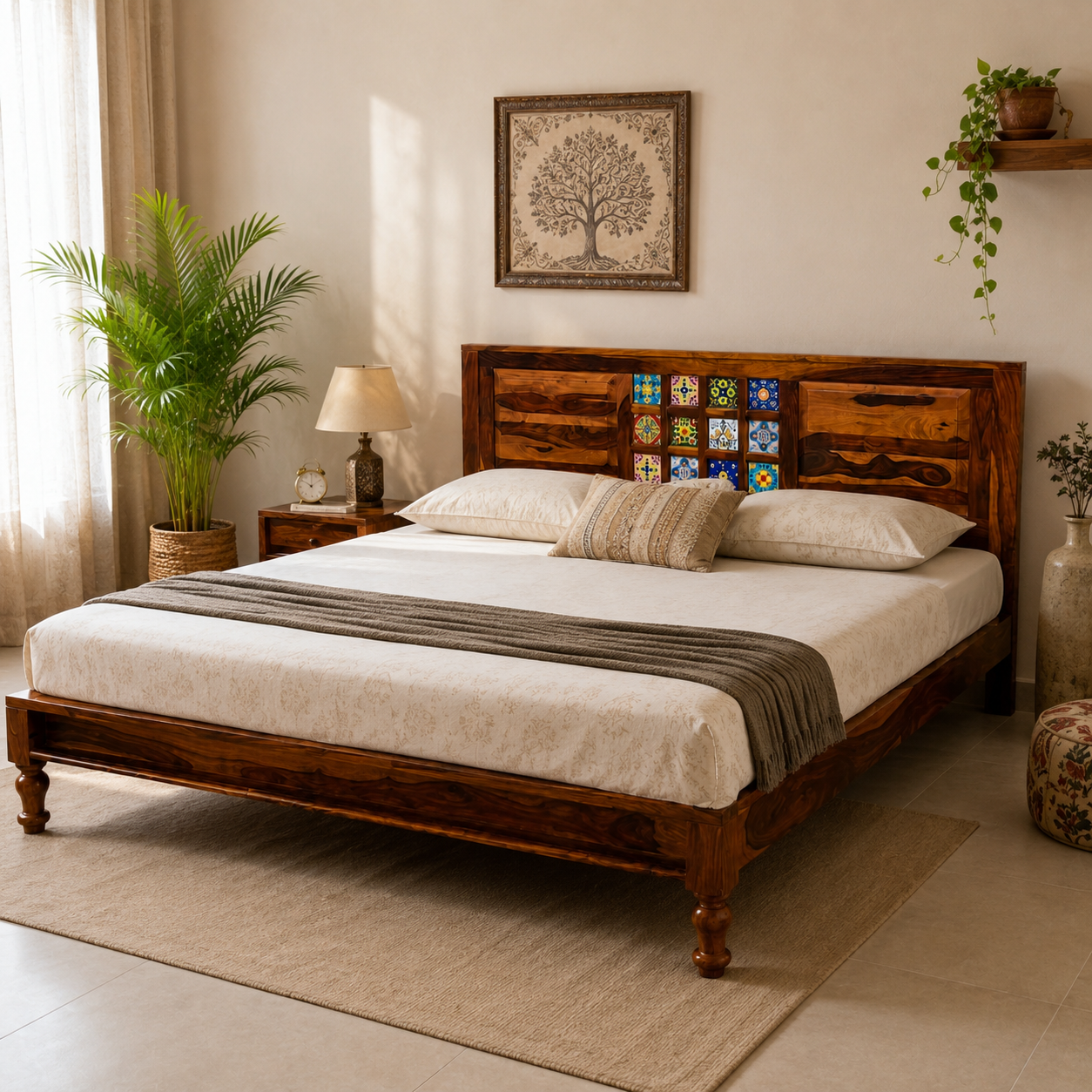 siramika bed sheesham wood bed without storage with ceramica tile (honey finish)