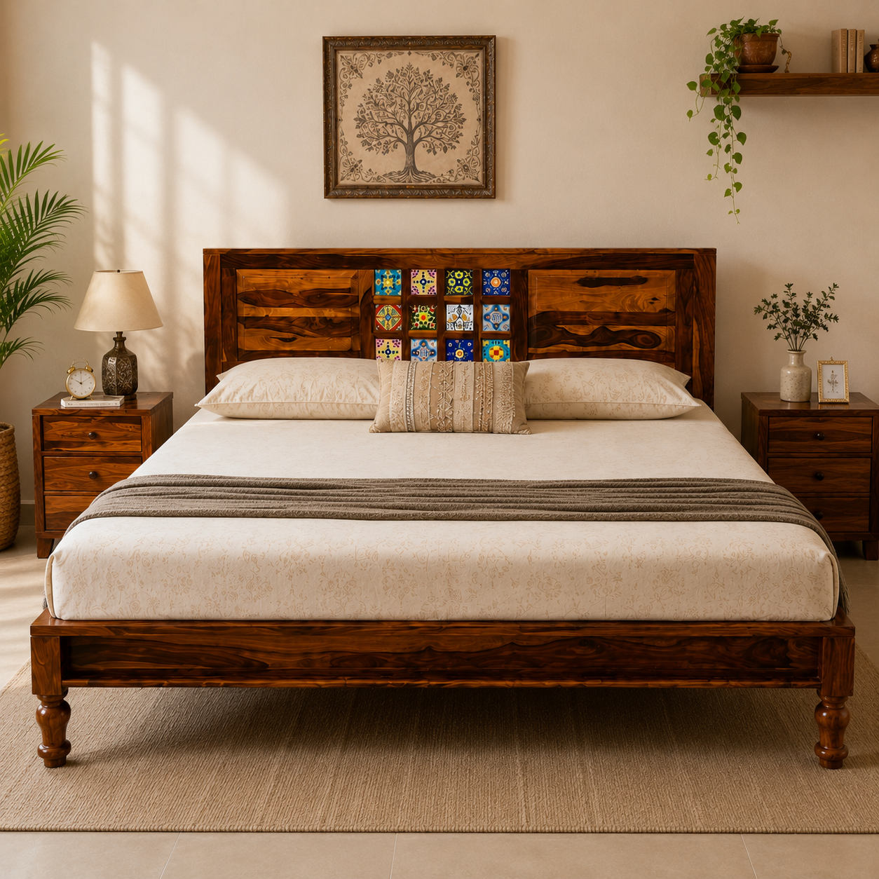 siramika bed sheesham wood bed without storage with ceramica tile (honey finish)