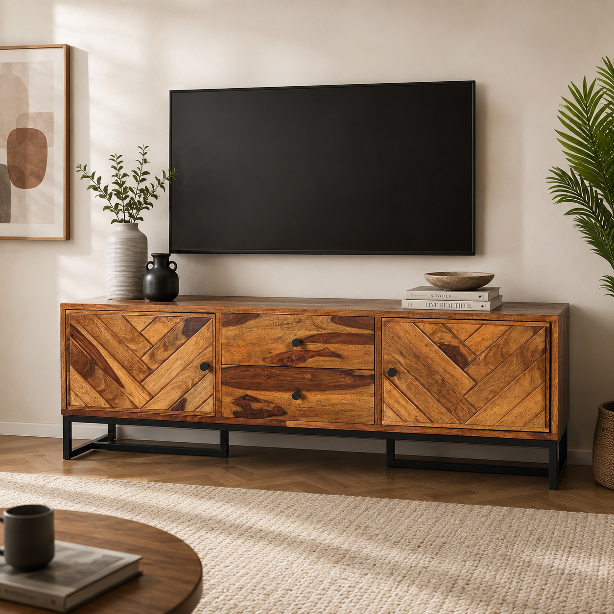 V Cross Tv unit sheesham tv unit with iron stnad legs (honey finish)
