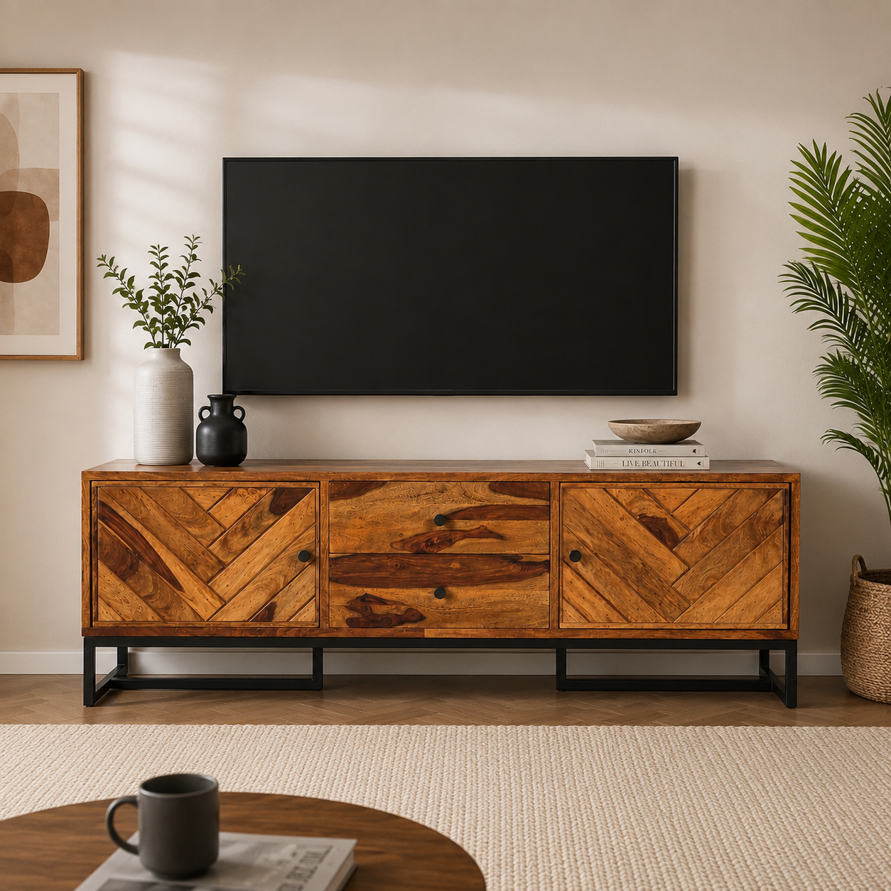 V Cross Tv unit sheesham tv unit with iron stnad legs (honey finish)