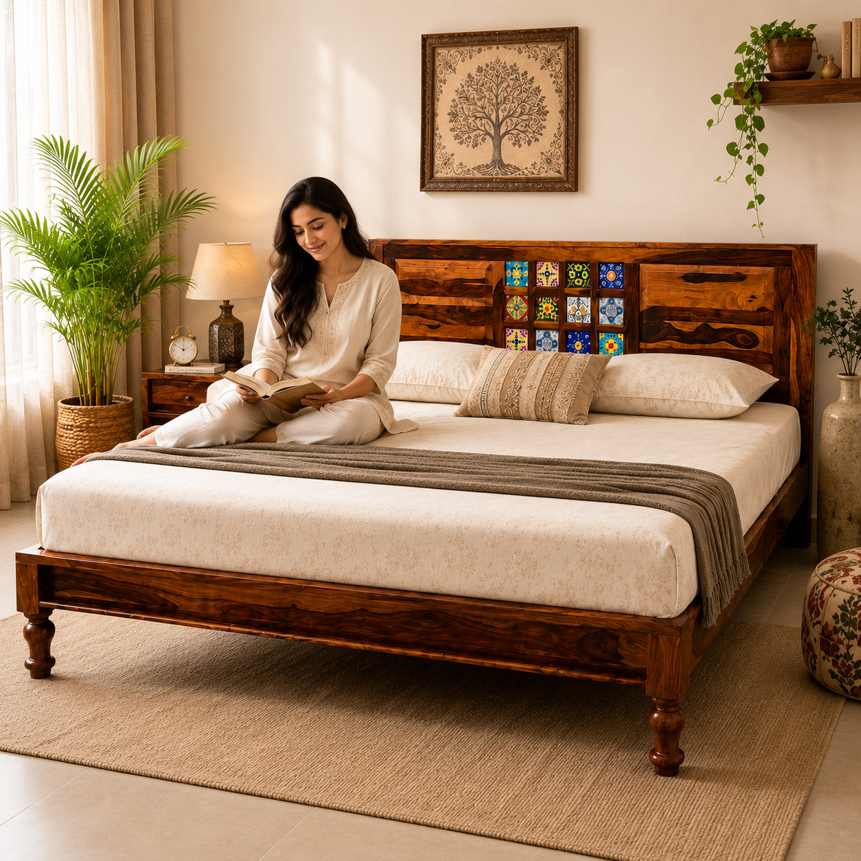 siramika bed sheesham wood bed without storage with ceramica tile (honey finish)