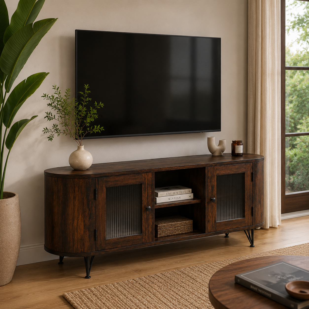 Oval Glass TV unit sheesham wood tv unit with glass door (provincial teak)