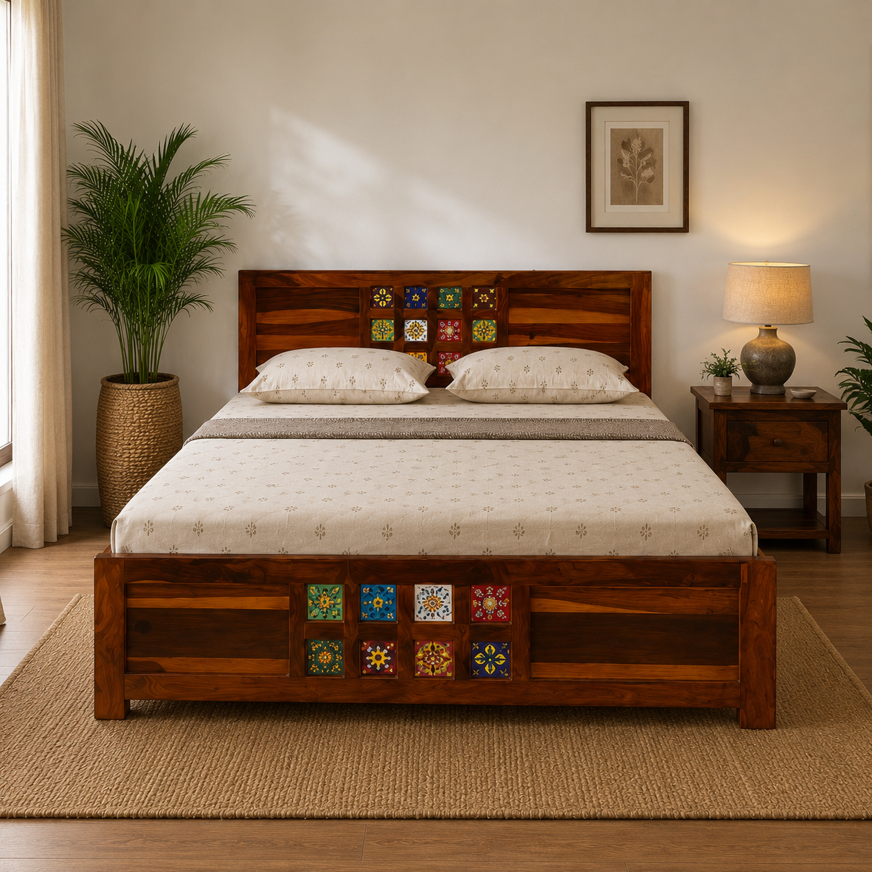 Siramika box bed solid wood king size bed with box storage and siramika tile design
