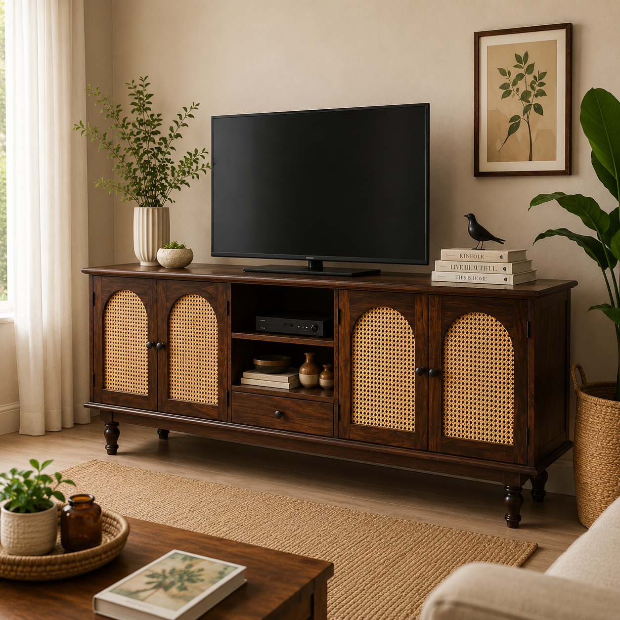 Rattan TV Unit sheesham wood tv unit with rattan (provincial teak)