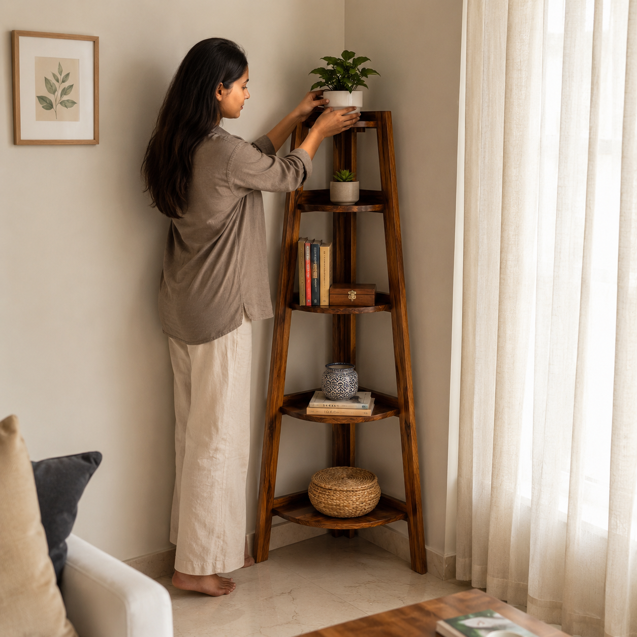 Solid Wood Ladder Shelf – Corner Display Storage Unit