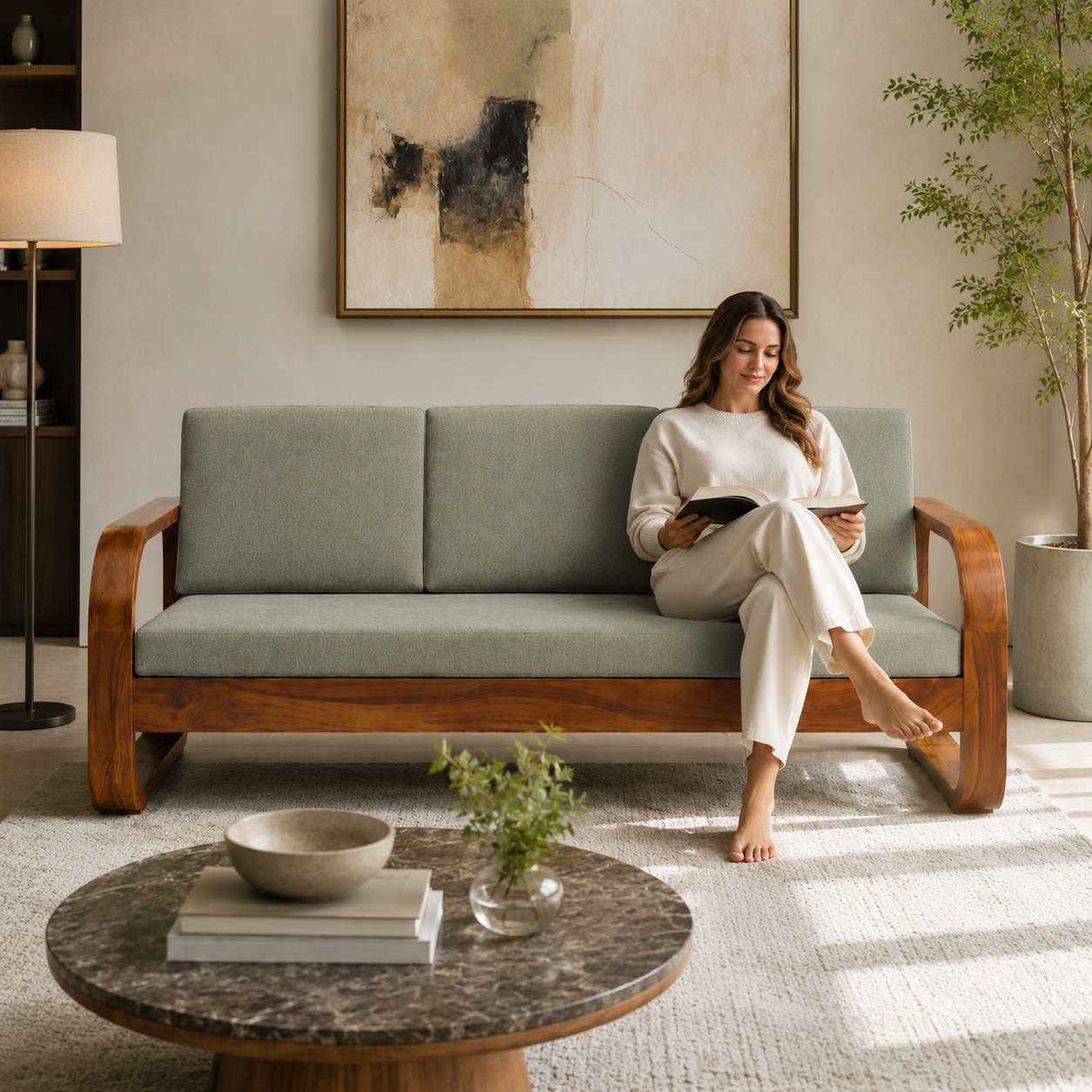 Pan 3 Seater sofa solid wood 3 seater sofa with curved arms design