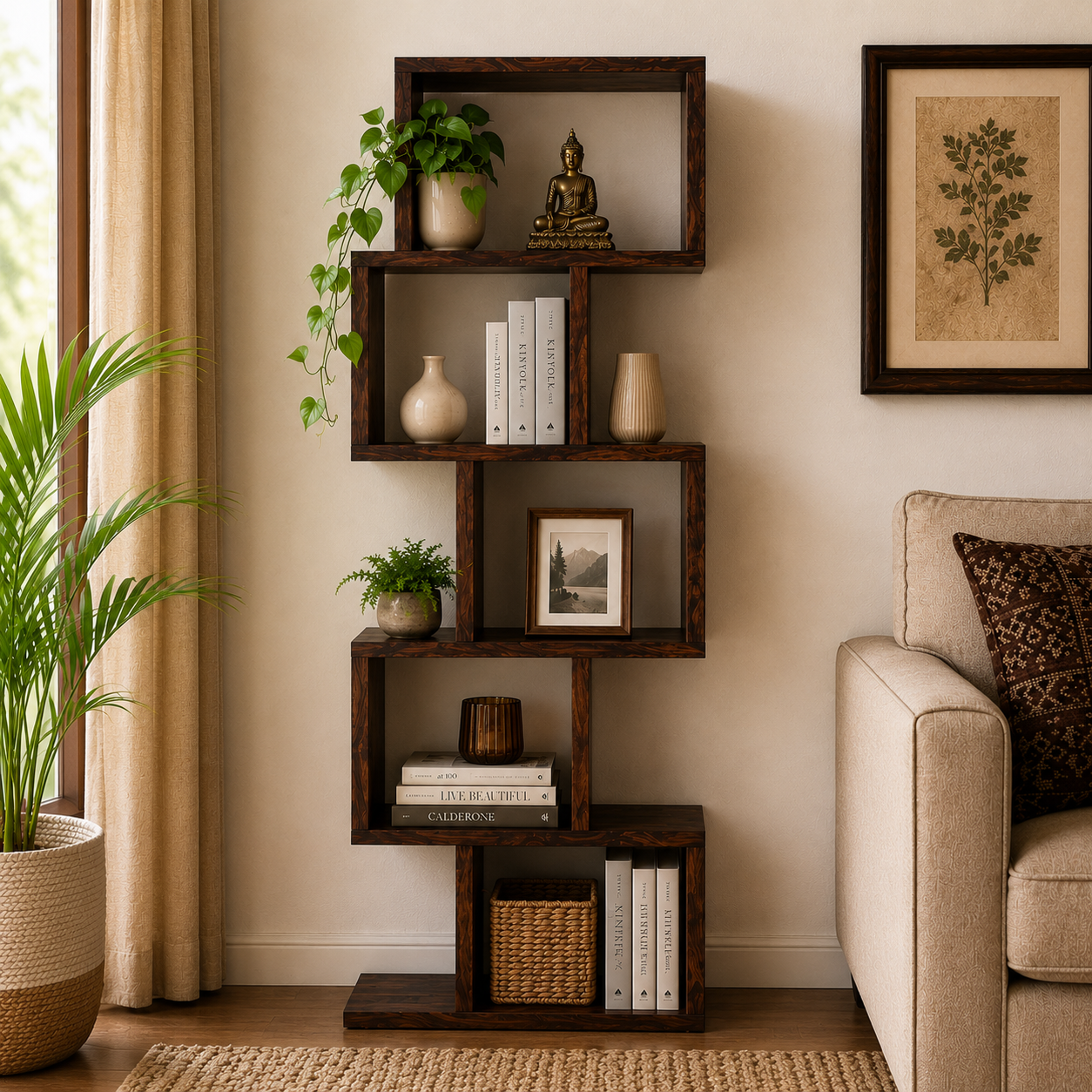 Zig zag corner solid wood Corner book shelf with zig zag shelf (provincial teak finish)