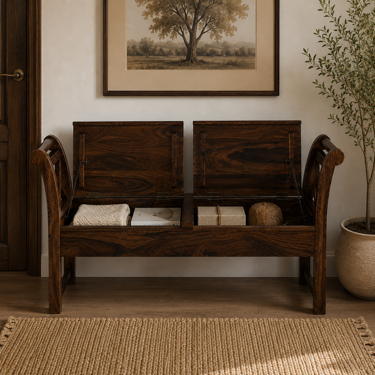 Couch Solid Sheesham Wood Storage Bench with Lift-Top Seats (provincial teak finish)
