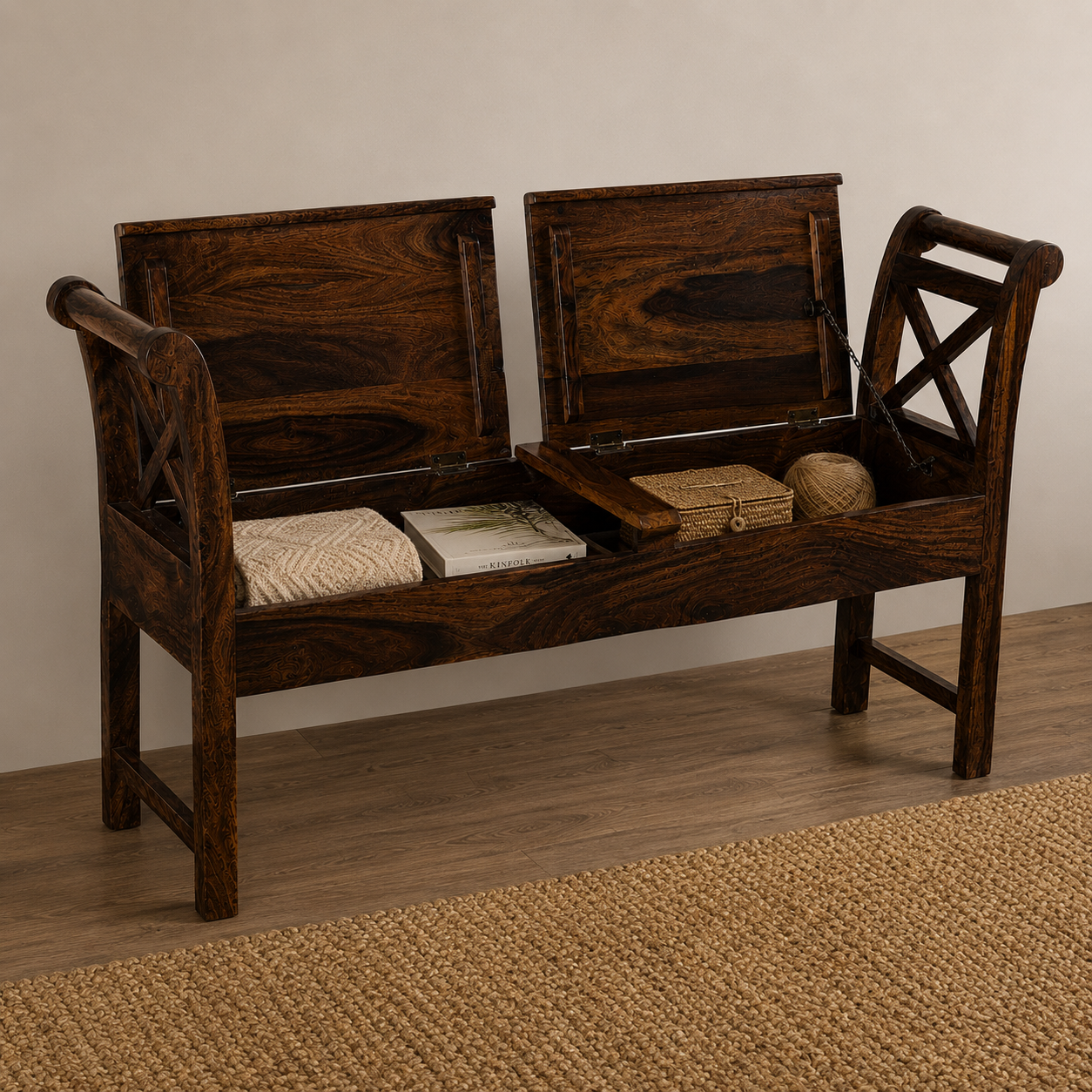 Couch Solid Sheesham Wood Storage Bench with Lift-Top Seats (provincial teak finish)